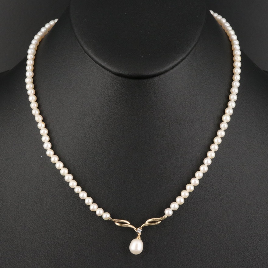 10K Pearl and White Sapphire Drop Necklace