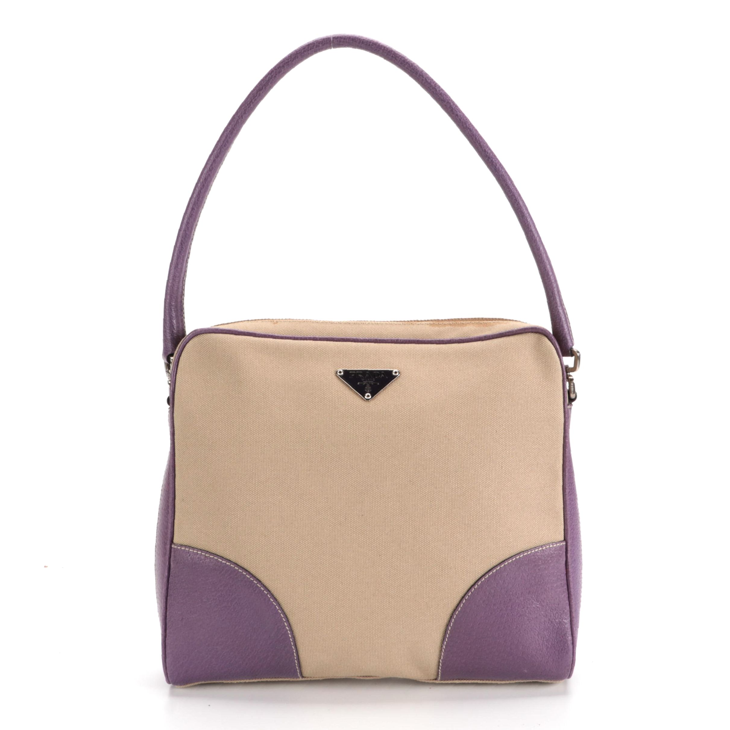 Prada Canvas and Purple Leather Shoulder Bag