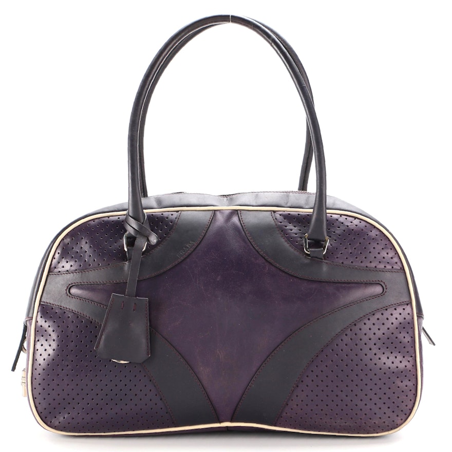 Prada Perforated Purple Leather Bowler Style Bag