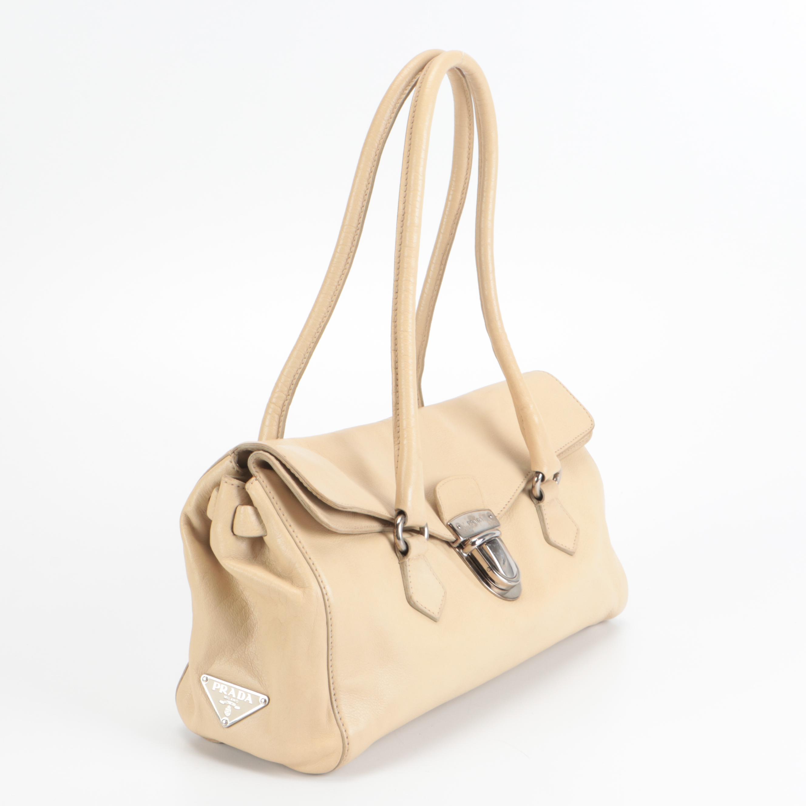 Prada Foldover Front Flap Shoulder Bag in Beige Leather