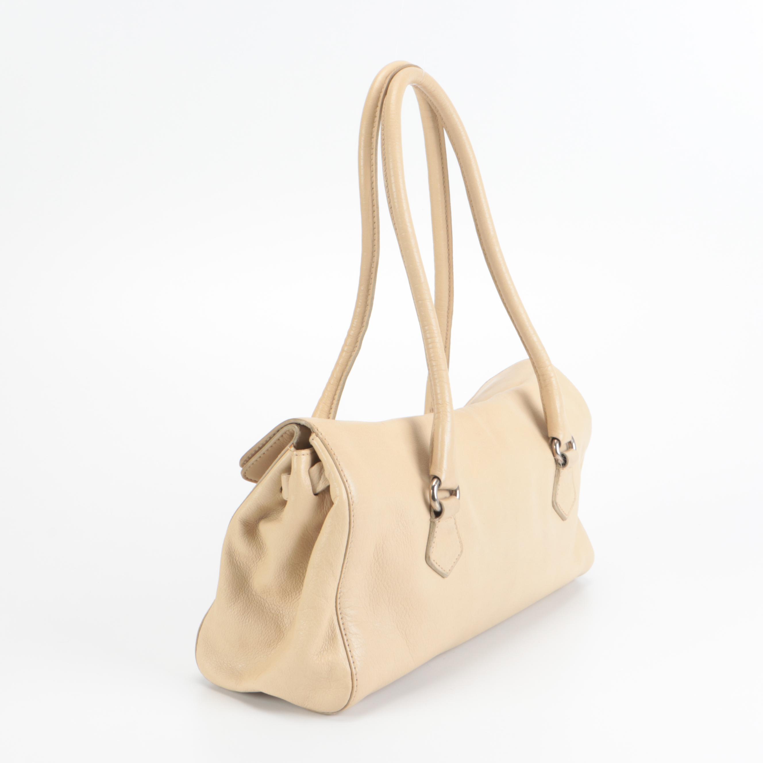 Prada Foldover Front Flap Shoulder Bag in Beige Leather
