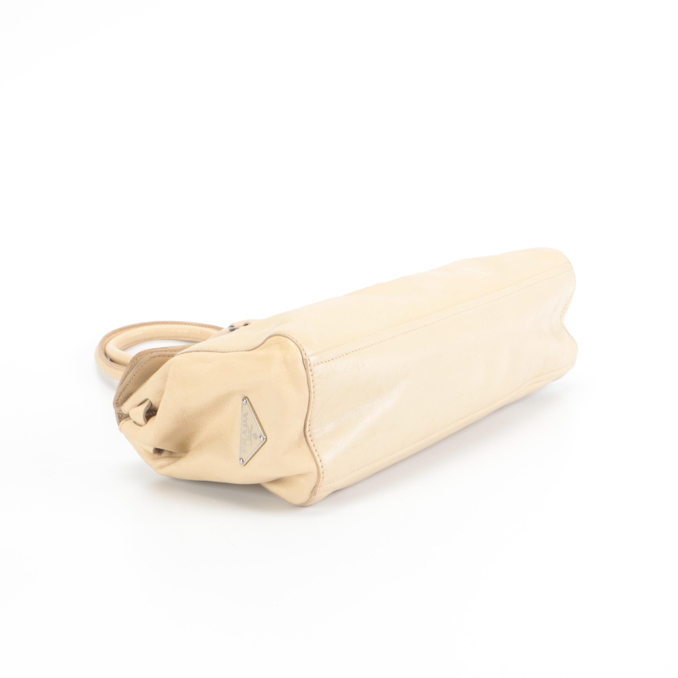 Prada Foldover Front Flap Shoulder Bag in Beige Leather