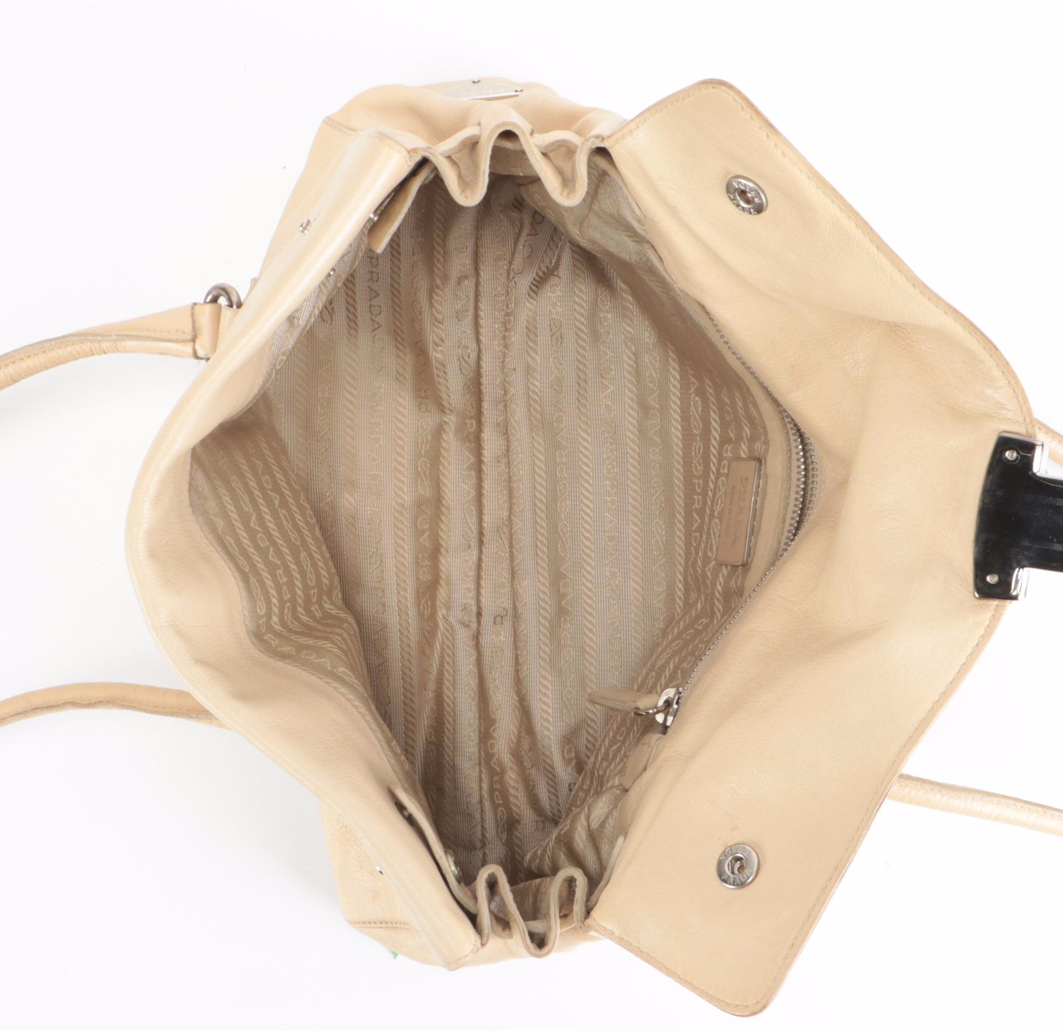 Prada Foldover Front Flap Shoulder Bag in Beige Leather