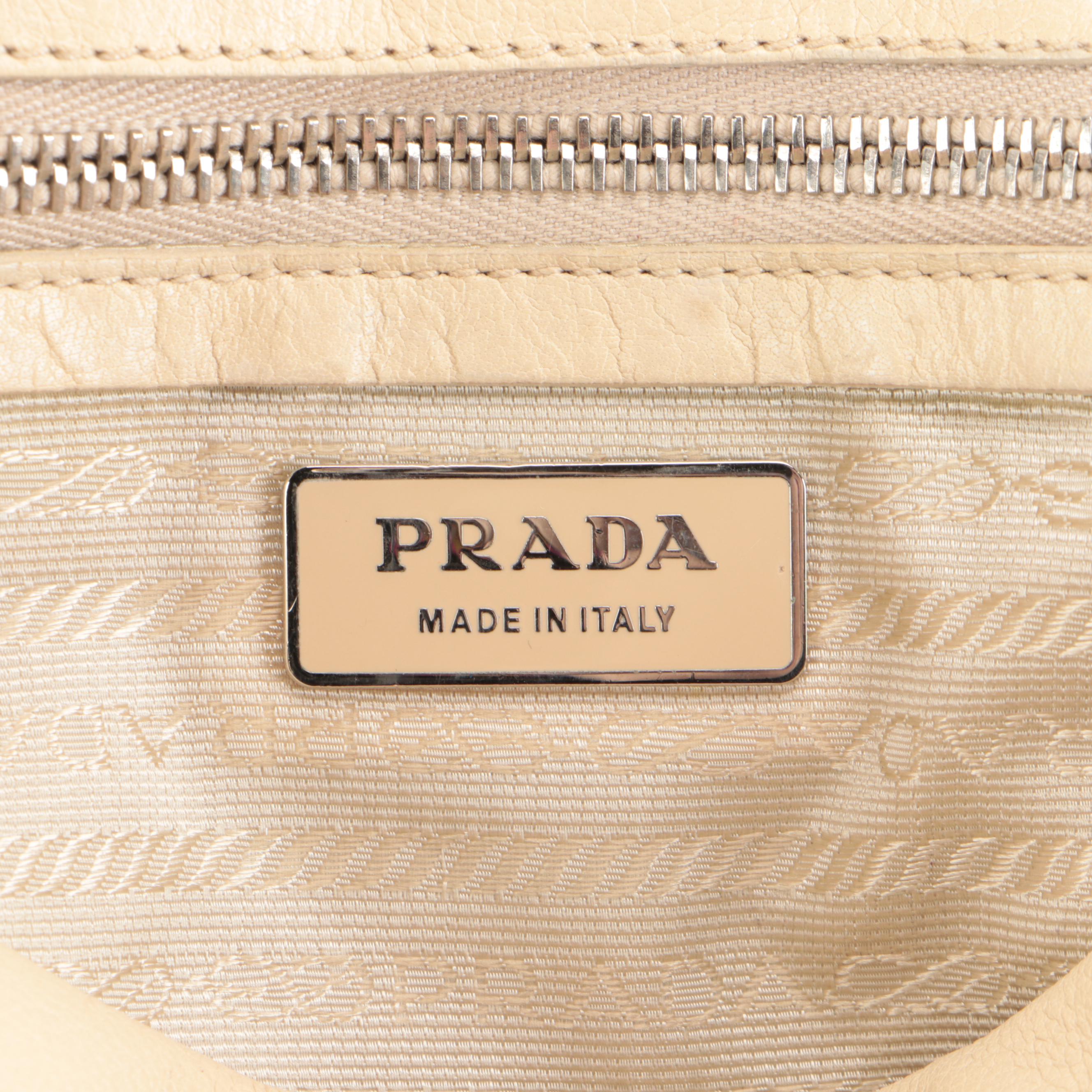 Prada Foldover Front Flap Shoulder Bag in Beige Leather
