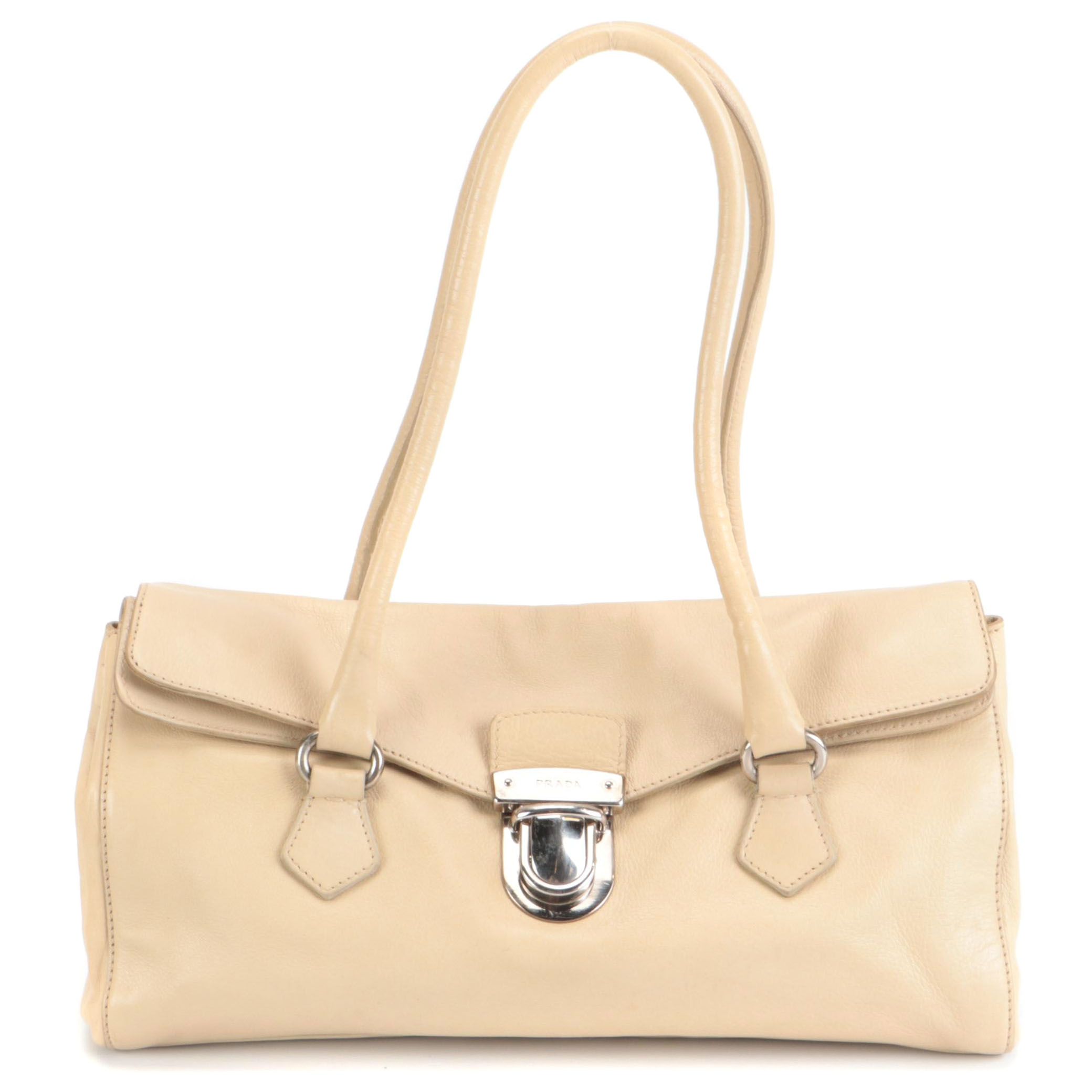 Prada Foldover Front Flap Shoulder Bag in Beige Leather