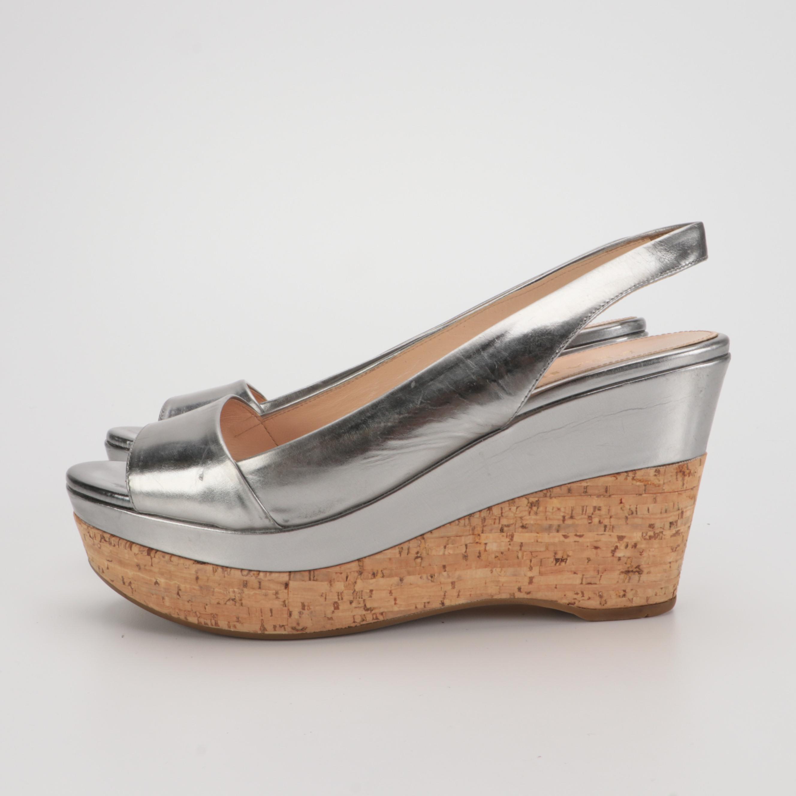 Prada Silver Metallic Leather Peep-Toe Slingback Cork Wedges