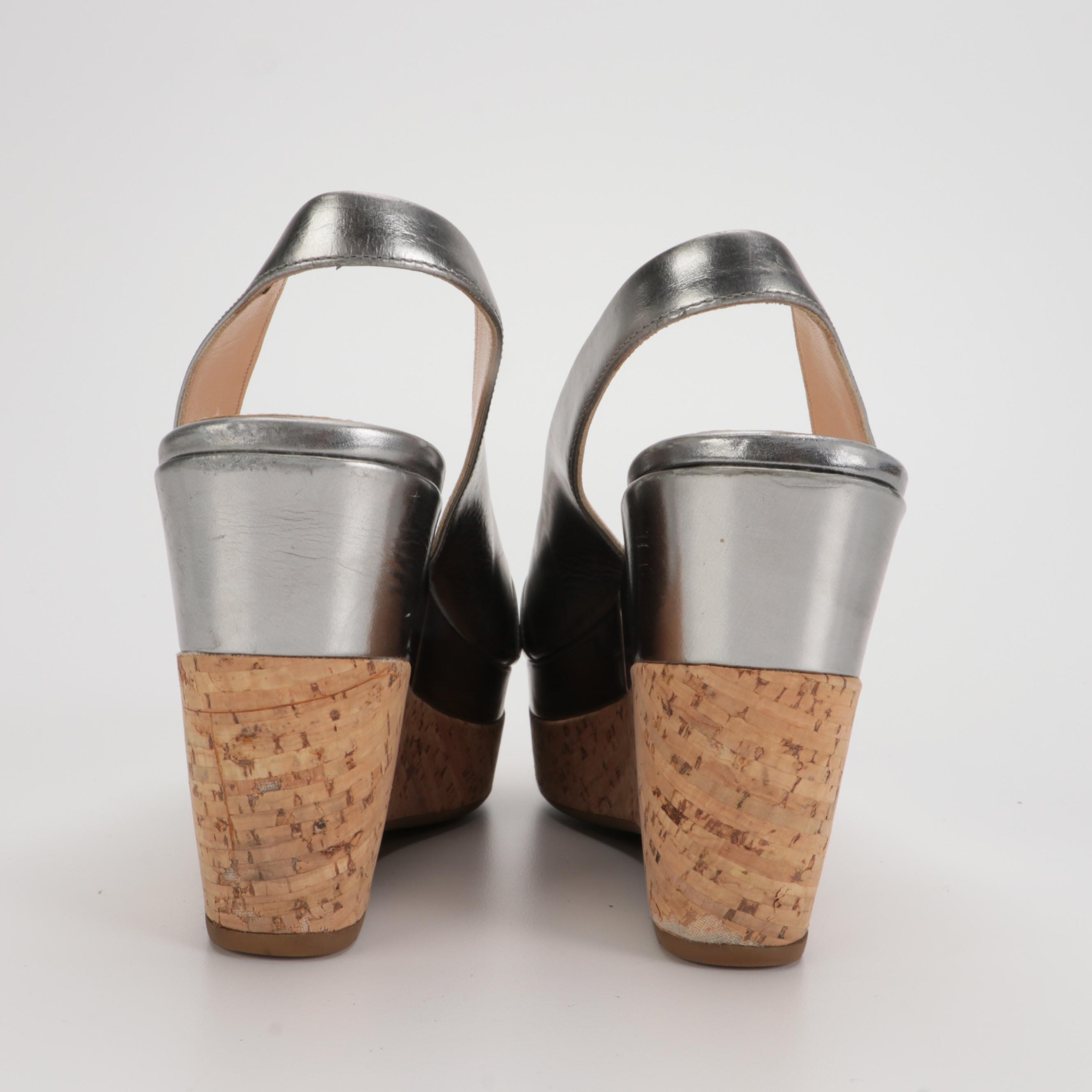Prada Silver Metallic Leather Peep-Toe Slingback Cork Wedges