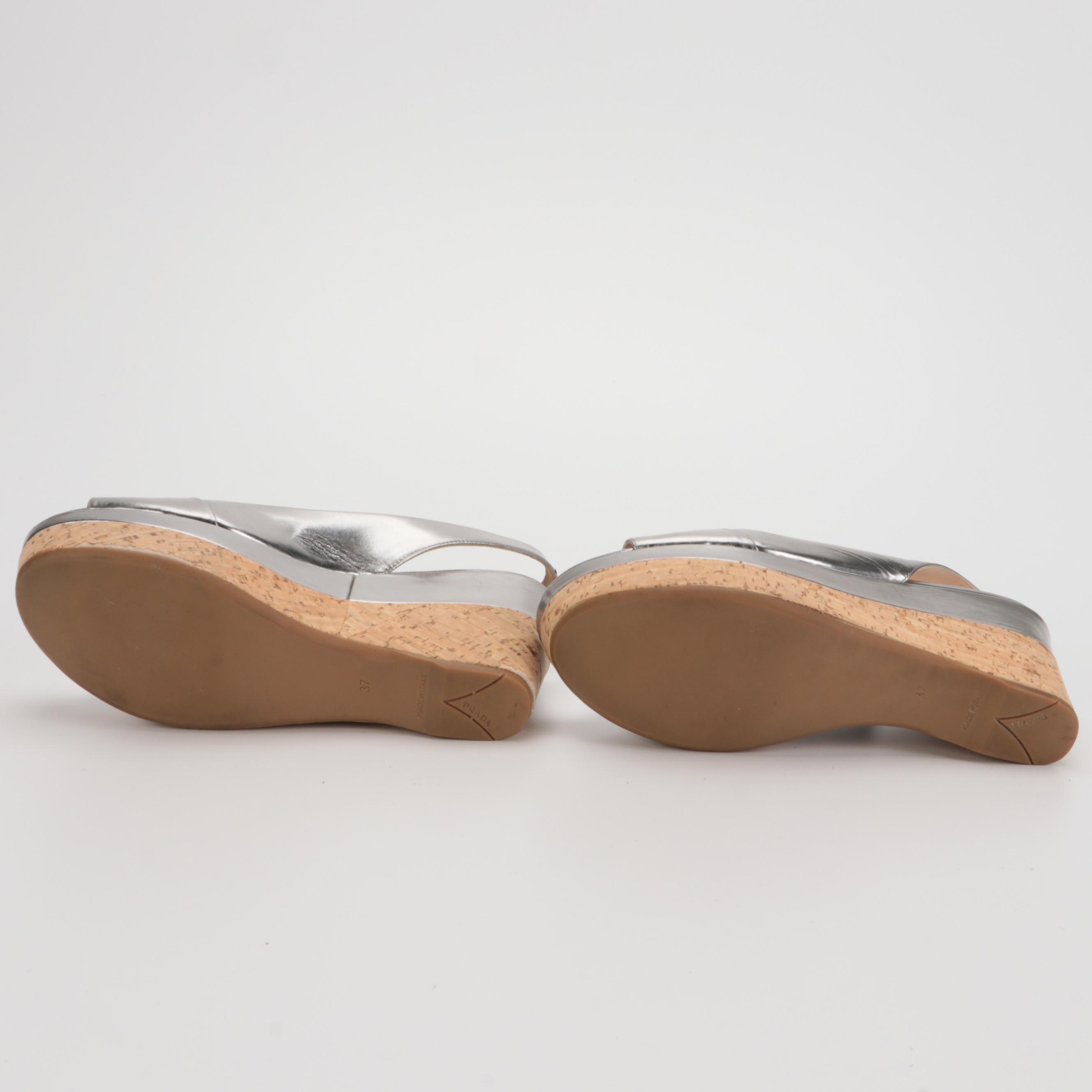 Prada Silver Metallic Leather Peep-Toe Slingback Cork Wedges