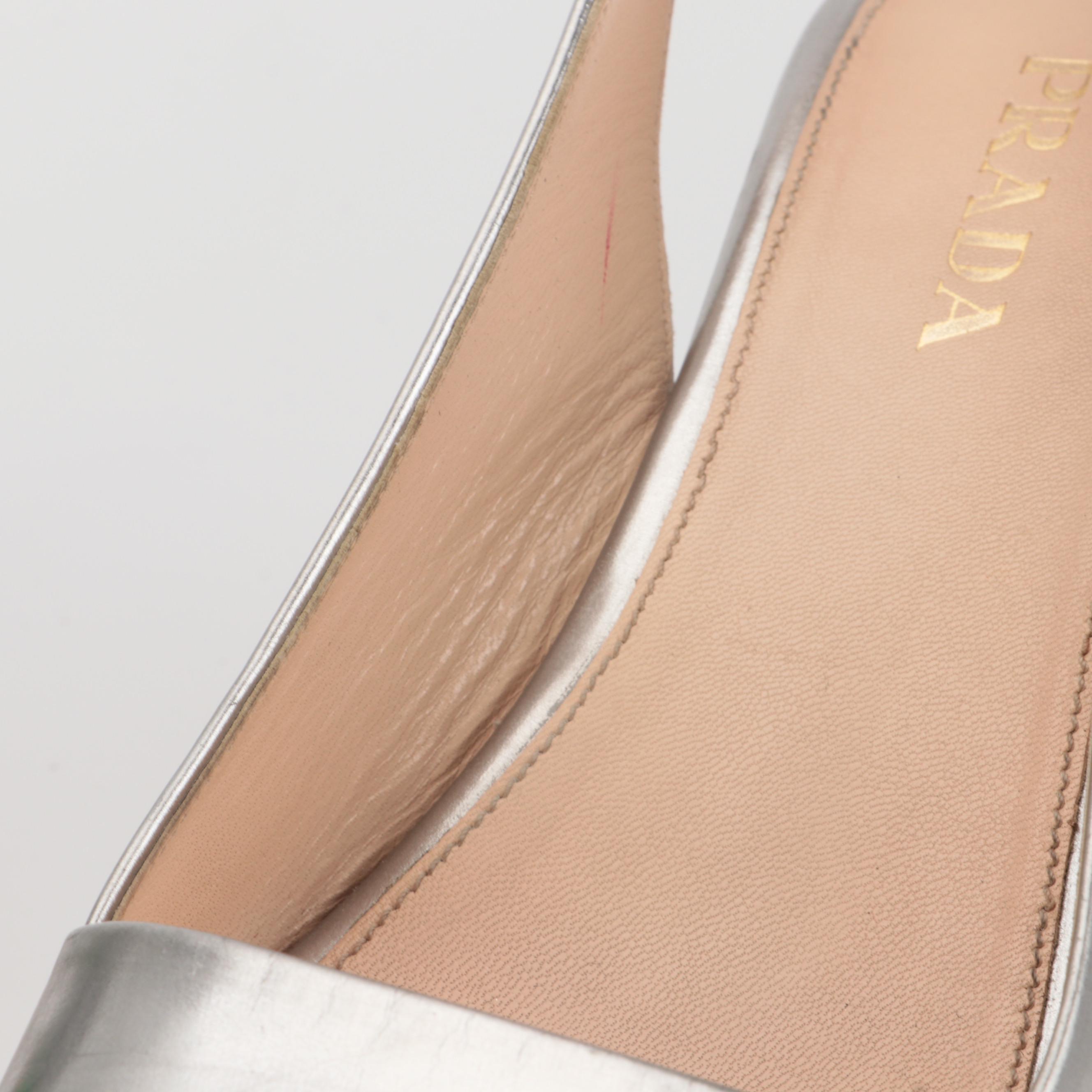 Prada Silver Metallic Leather Peep-Toe Slingback Cork Wedges