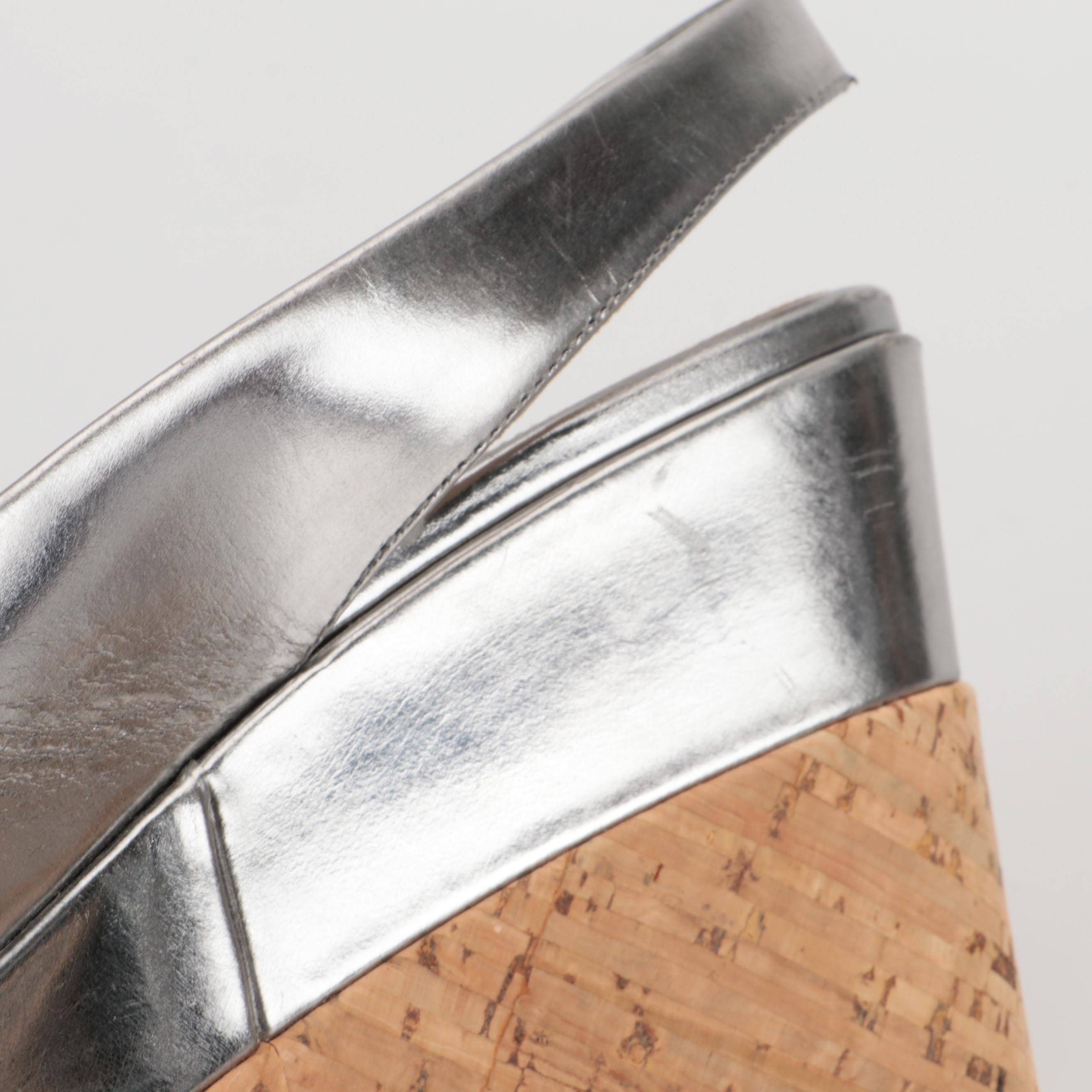 Prada Silver Metallic Leather Peep-Toe Slingback Cork Wedges