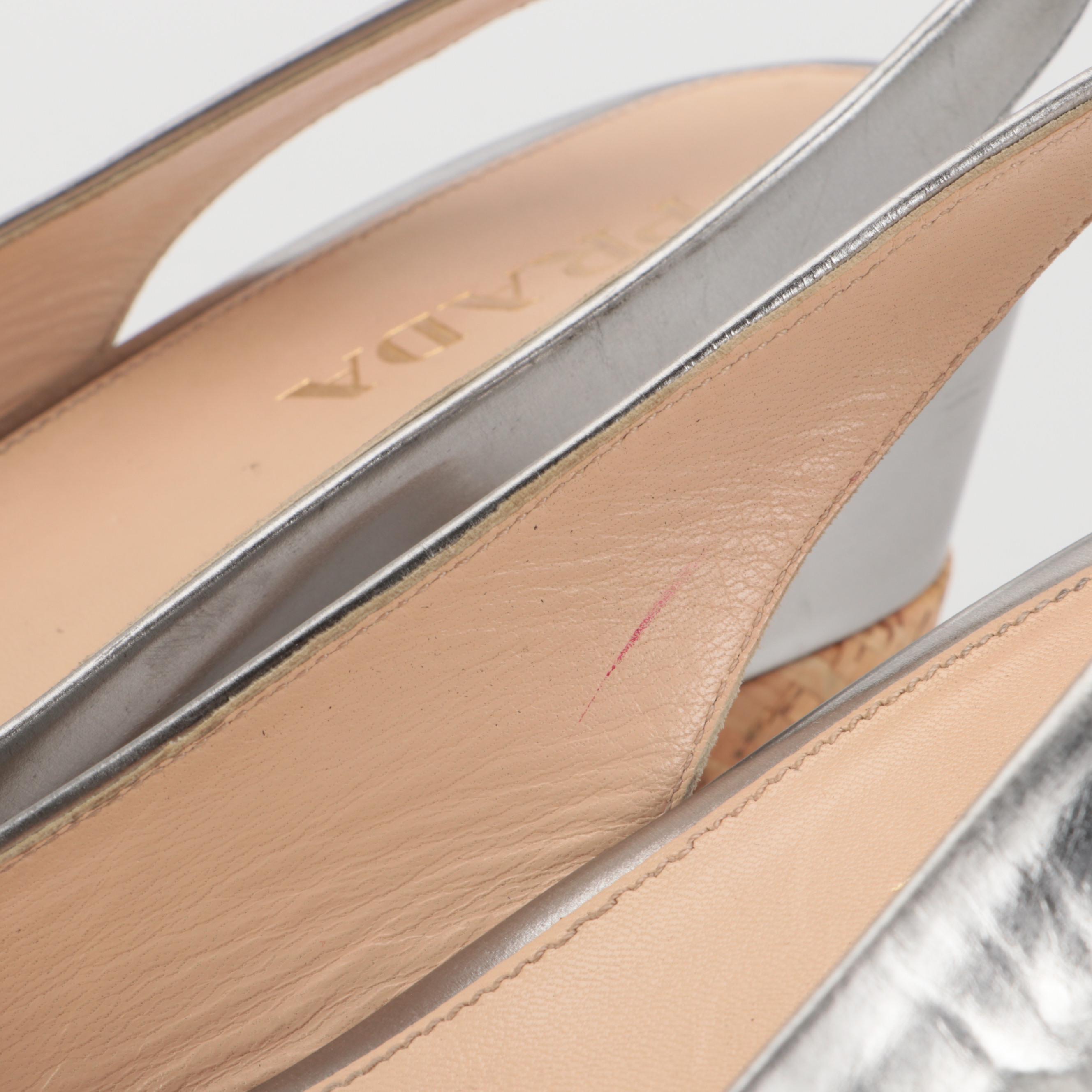 Prada Silver Metallic Leather Peep-Toe Slingback Cork Wedges