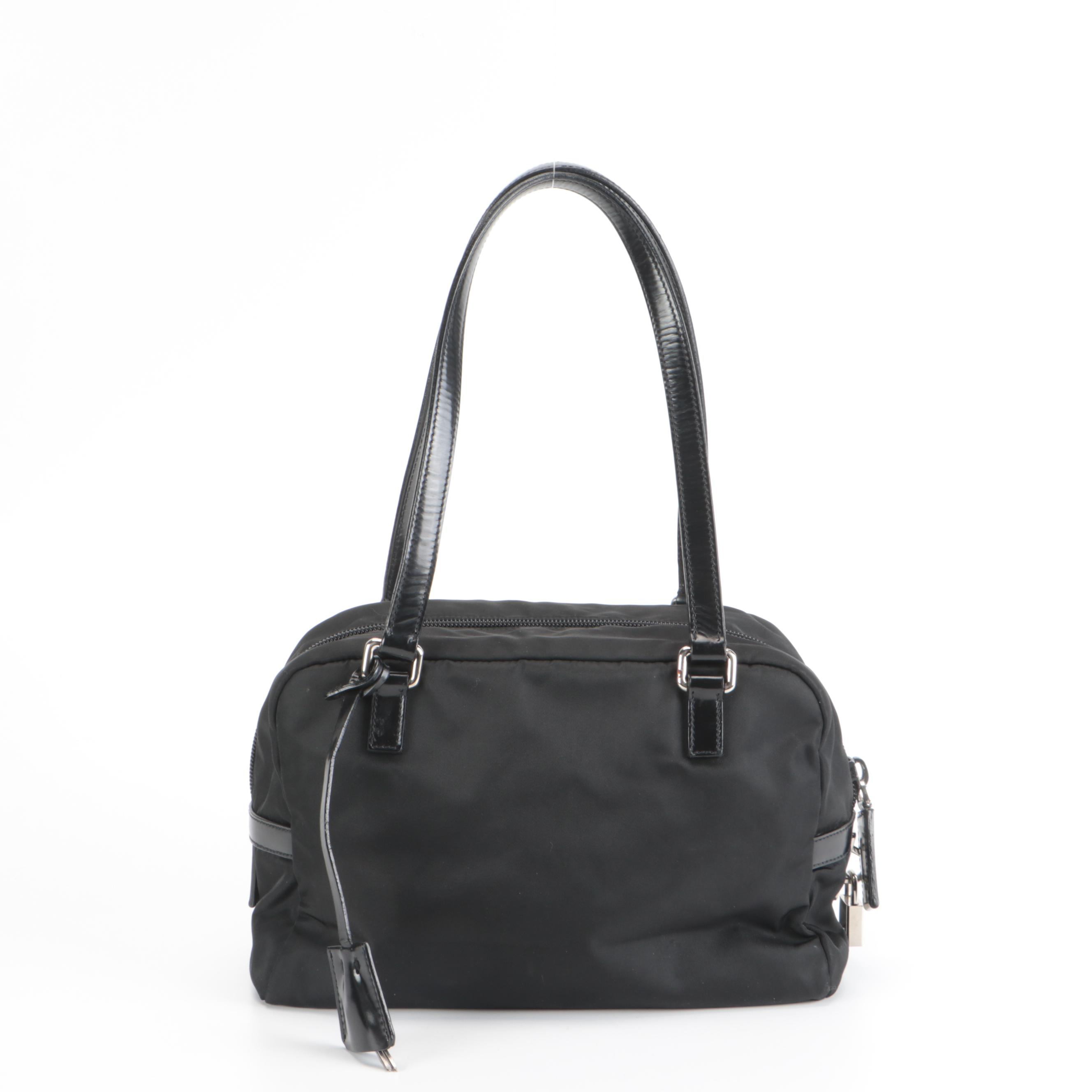 Prada Logo Satchel in Black Tessuto Nylon and Patent Leather