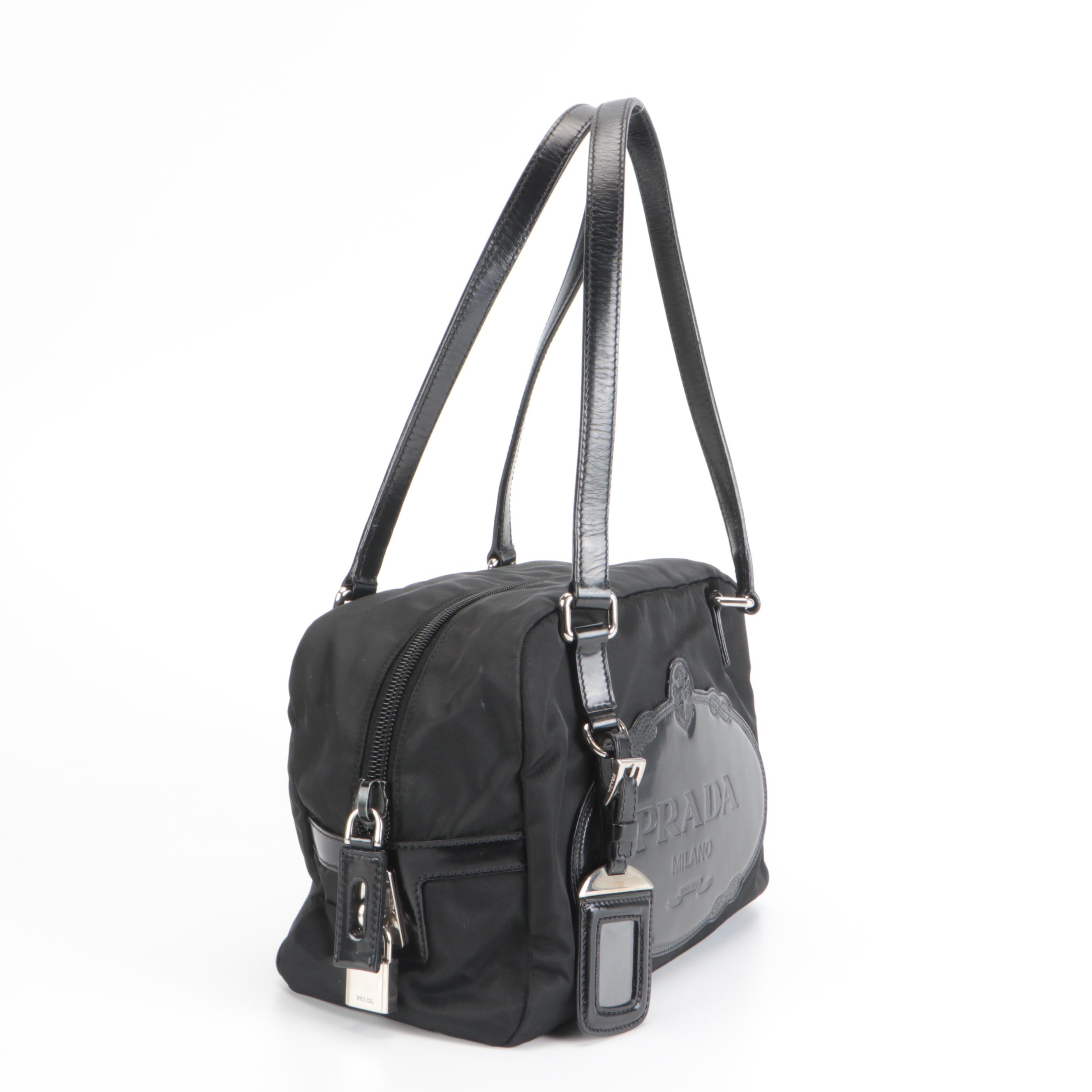 Prada Logo Satchel in Black Tessuto Nylon and Patent Leather