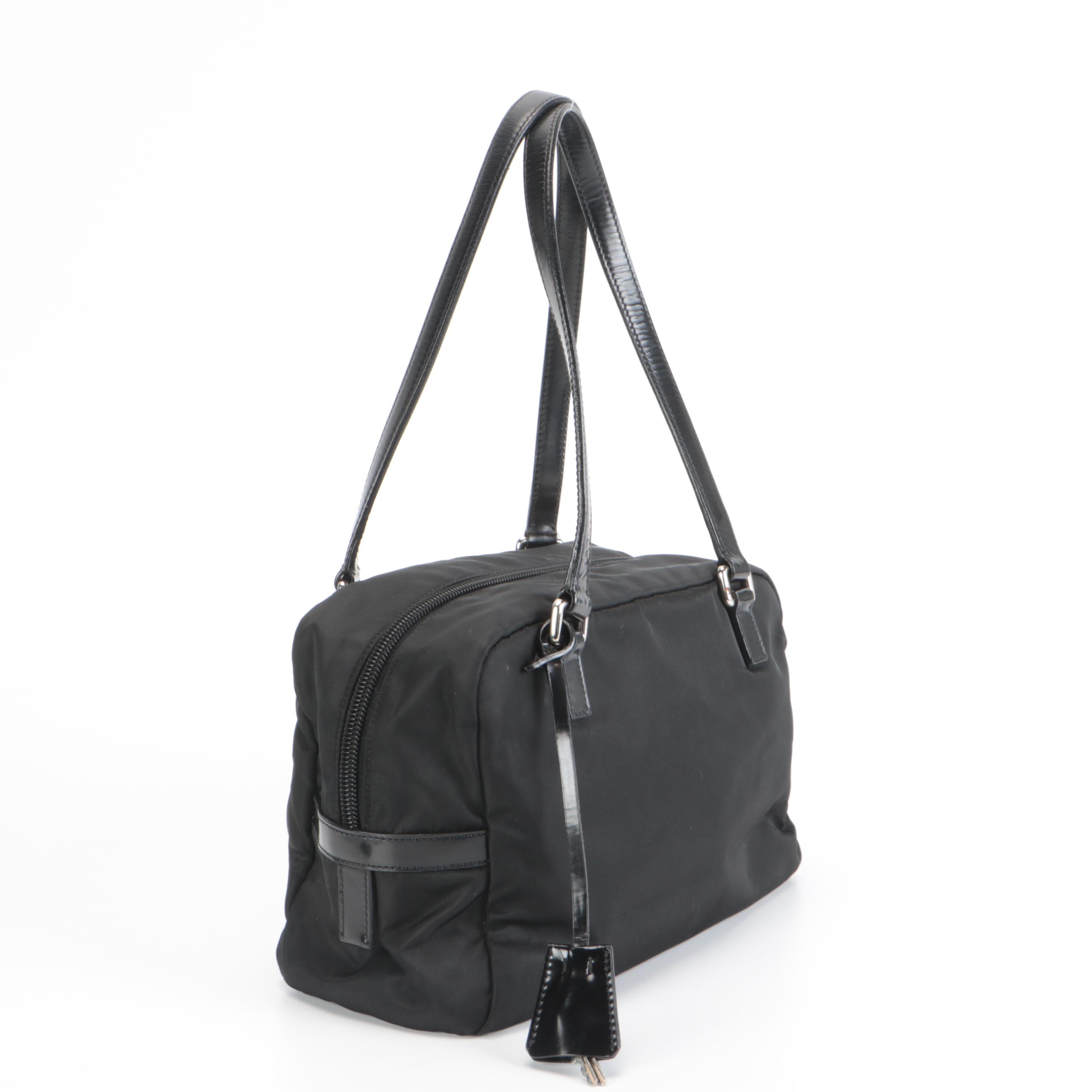 Prada Logo Satchel in Black Tessuto Nylon and Patent Leather