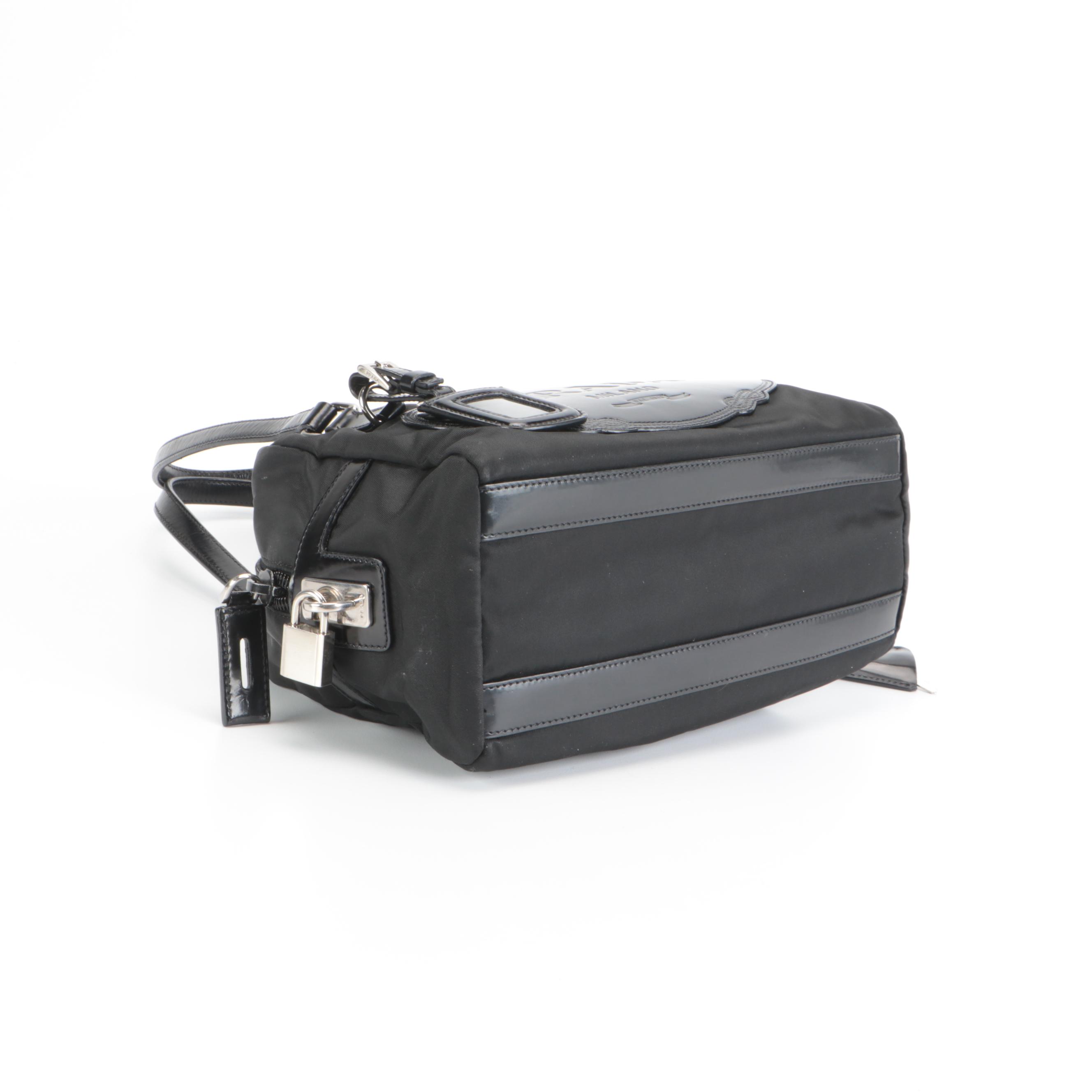 Prada Logo Satchel in Black Tessuto Nylon and Patent Leather