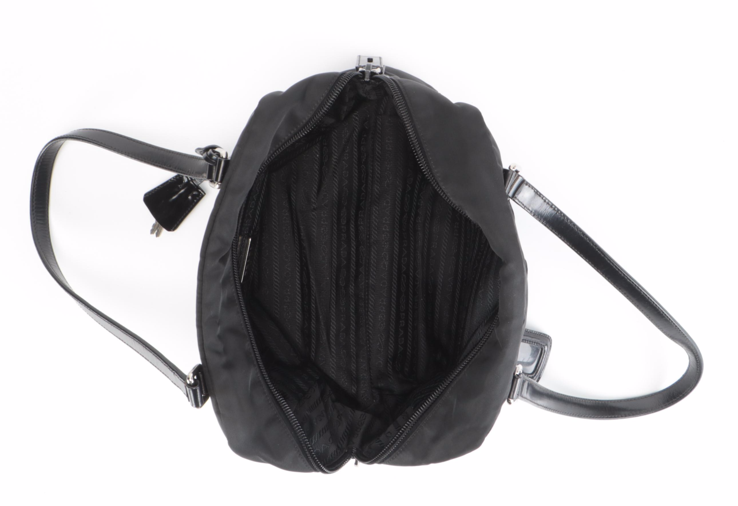 Prada Logo Satchel in Black Tessuto Nylon and Patent Leather