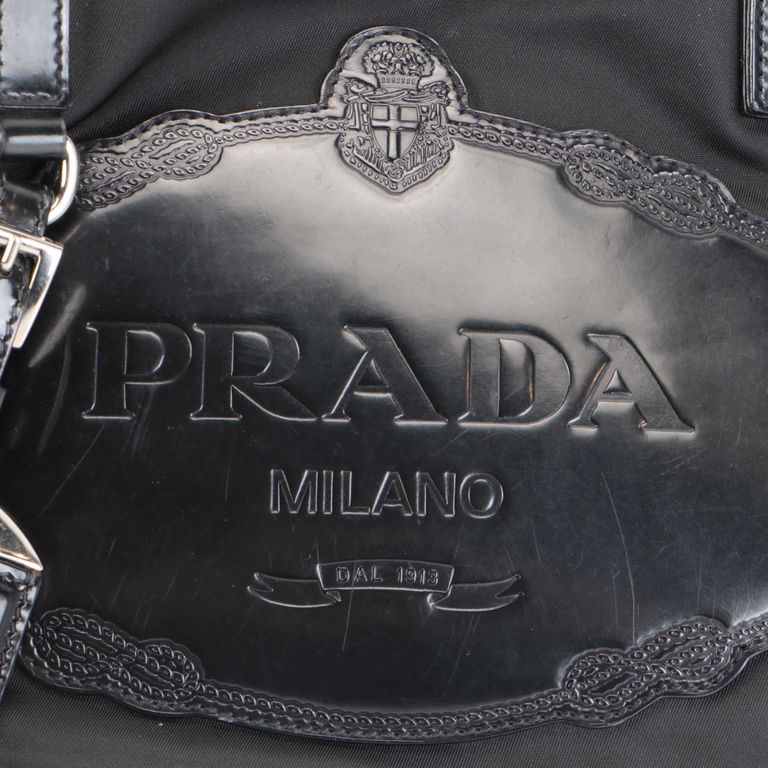 Prada Logo Satchel in Black Tessuto Nylon and Patent Leather