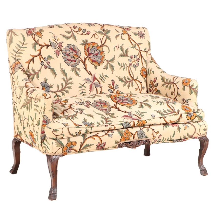 George II Style Walnut and Crewelwork Settee, 20th Century