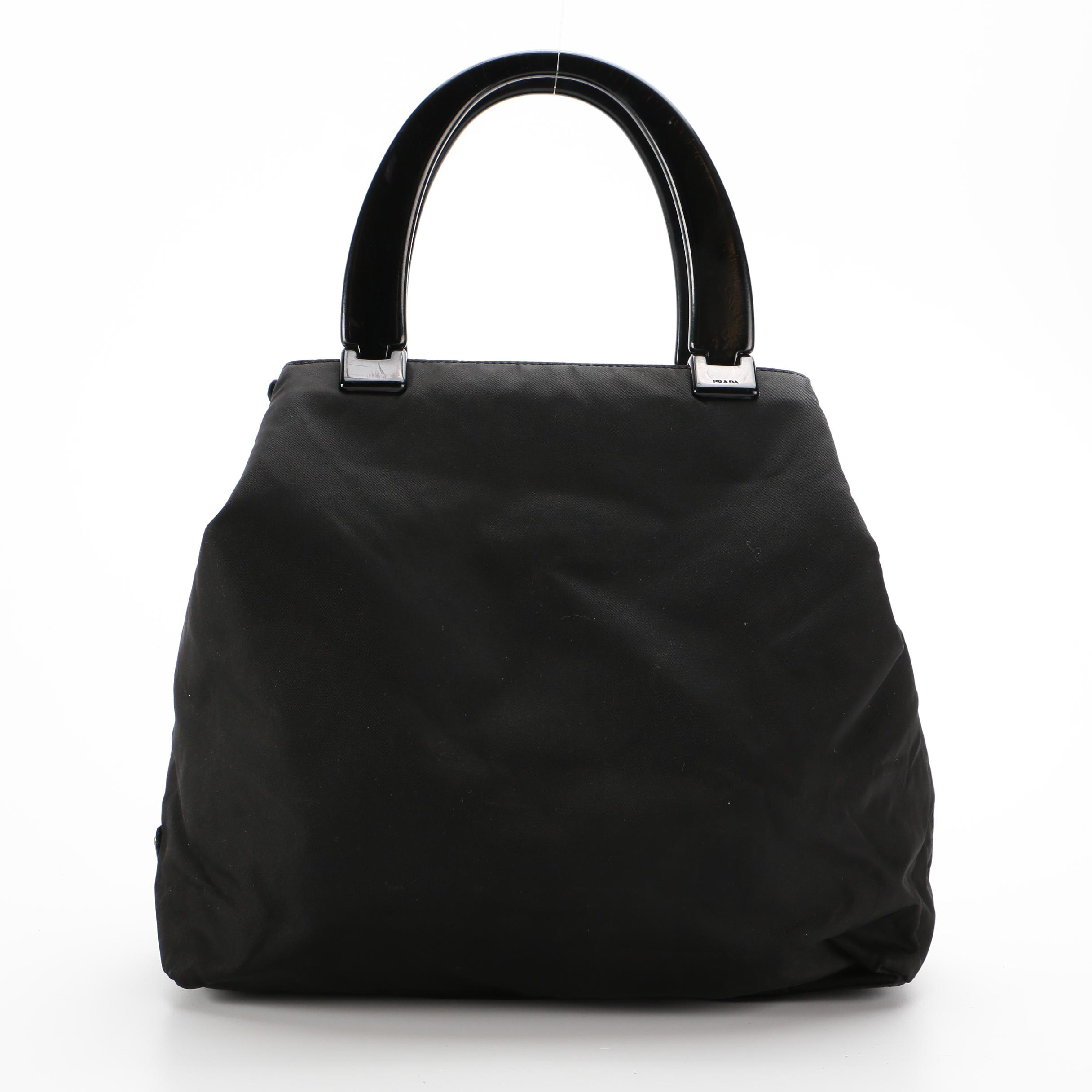 Prada Top Handle Bag in Black Tessuto Nylon and Acetate Handles