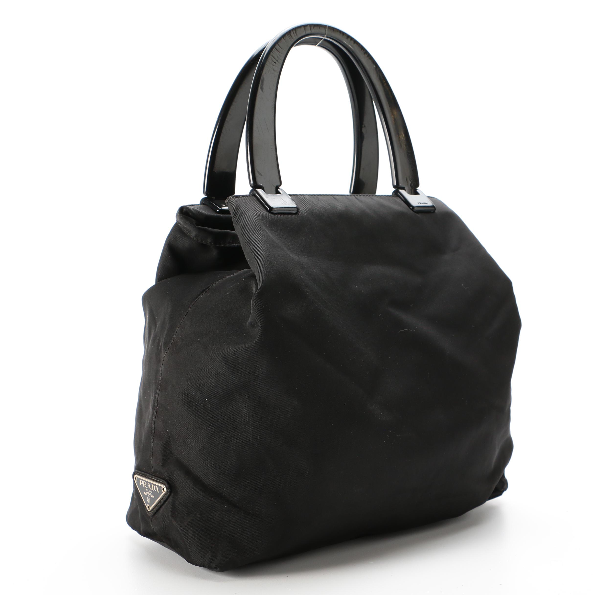 Prada Top Handle Bag in Black Tessuto Nylon and Acetate Handles