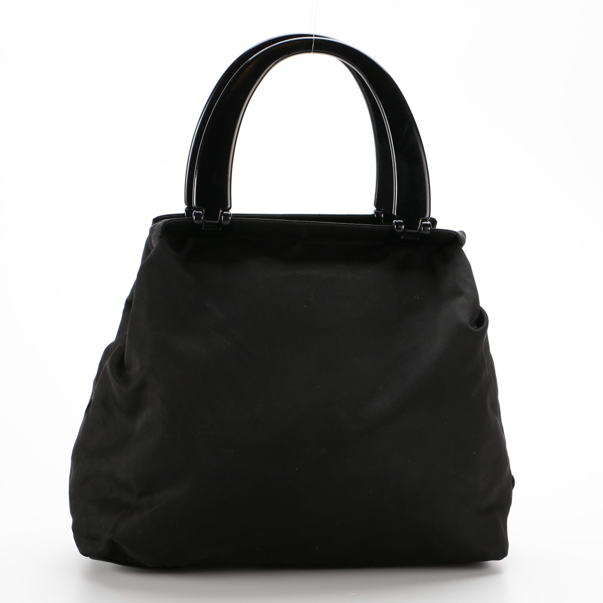 Prada Top Handle Bag in Black Tessuto Nylon and Acetate Handles
