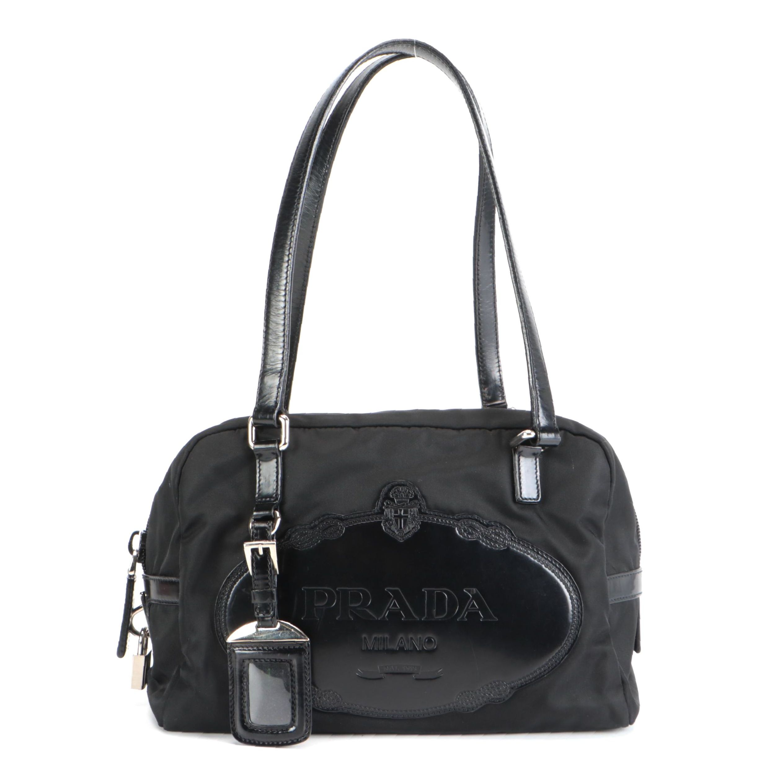 Prada Logo Satchel in Black Tessuto Nylon and Patent Leather