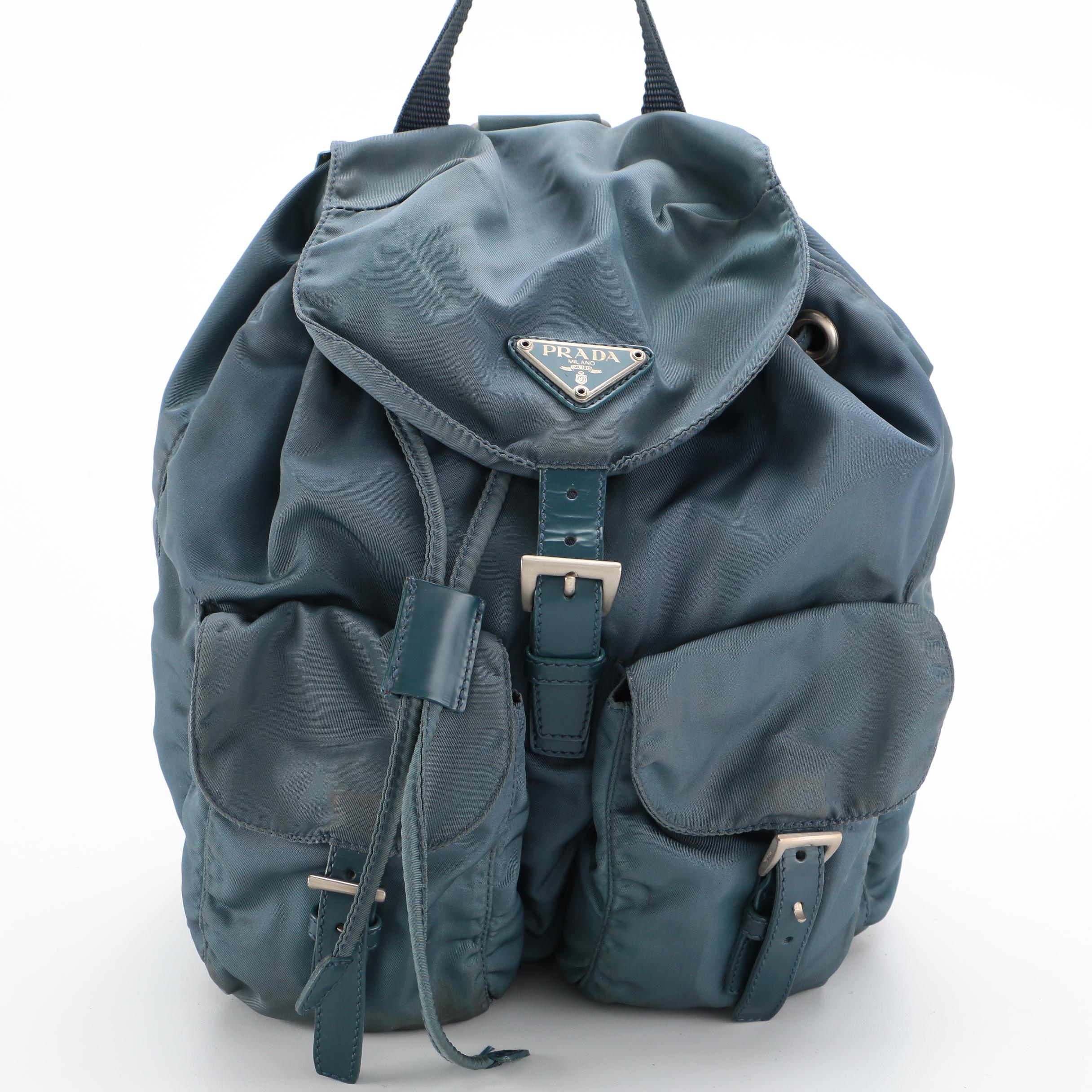 Prada Blue Tessuto Nylon and Leather Trim Backpack Purse
