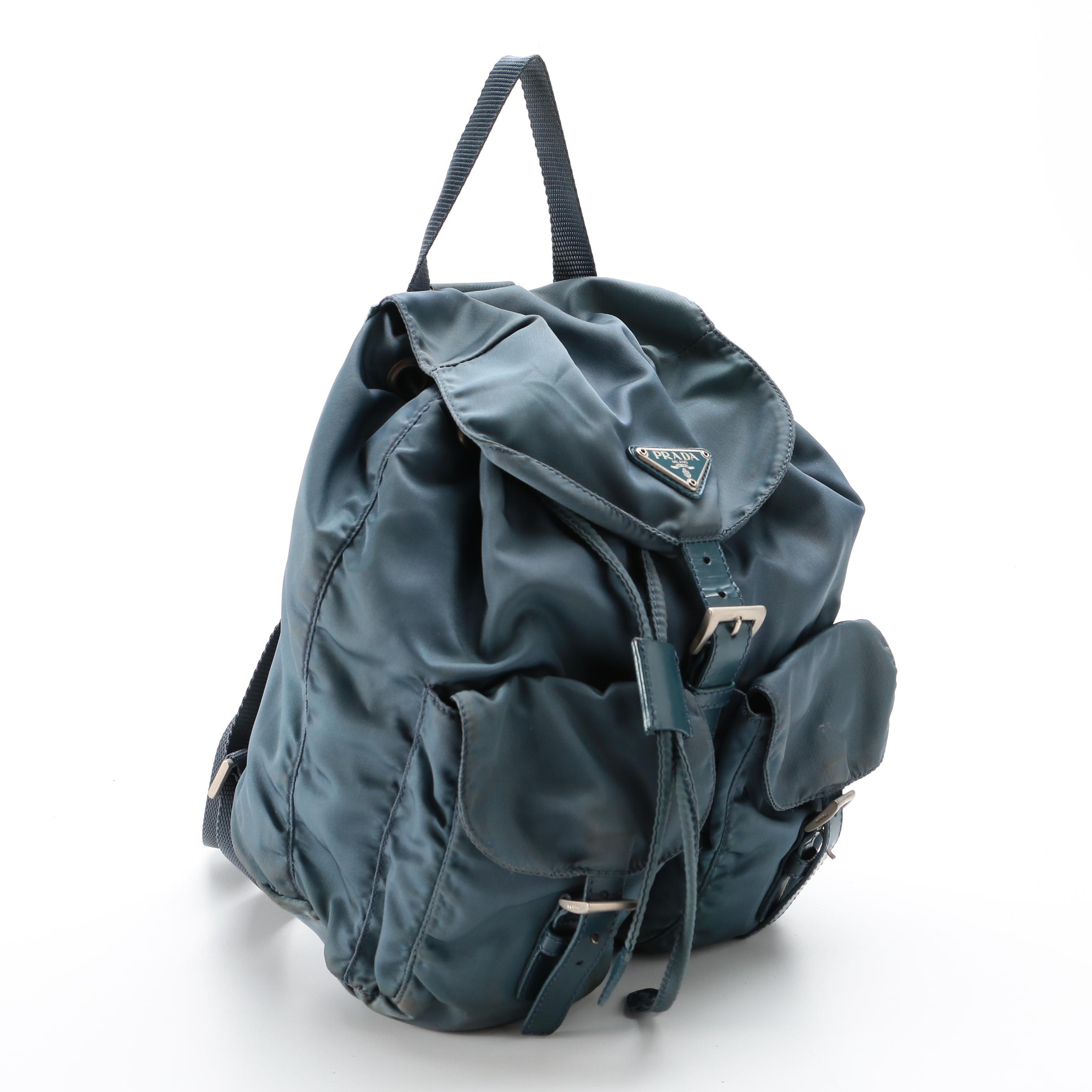 Prada Blue Tessuto Nylon and Leather Trim Backpack Purse