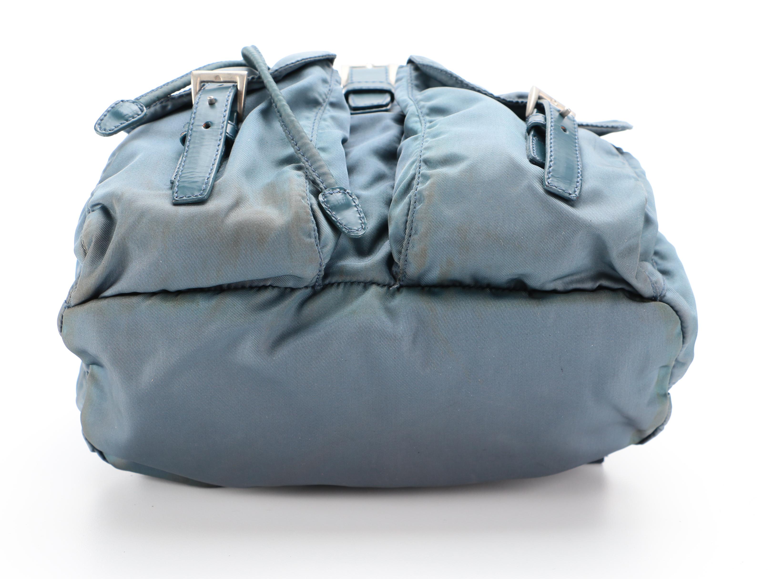 Prada Blue Tessuto Nylon and Leather Trim Backpack Purse
