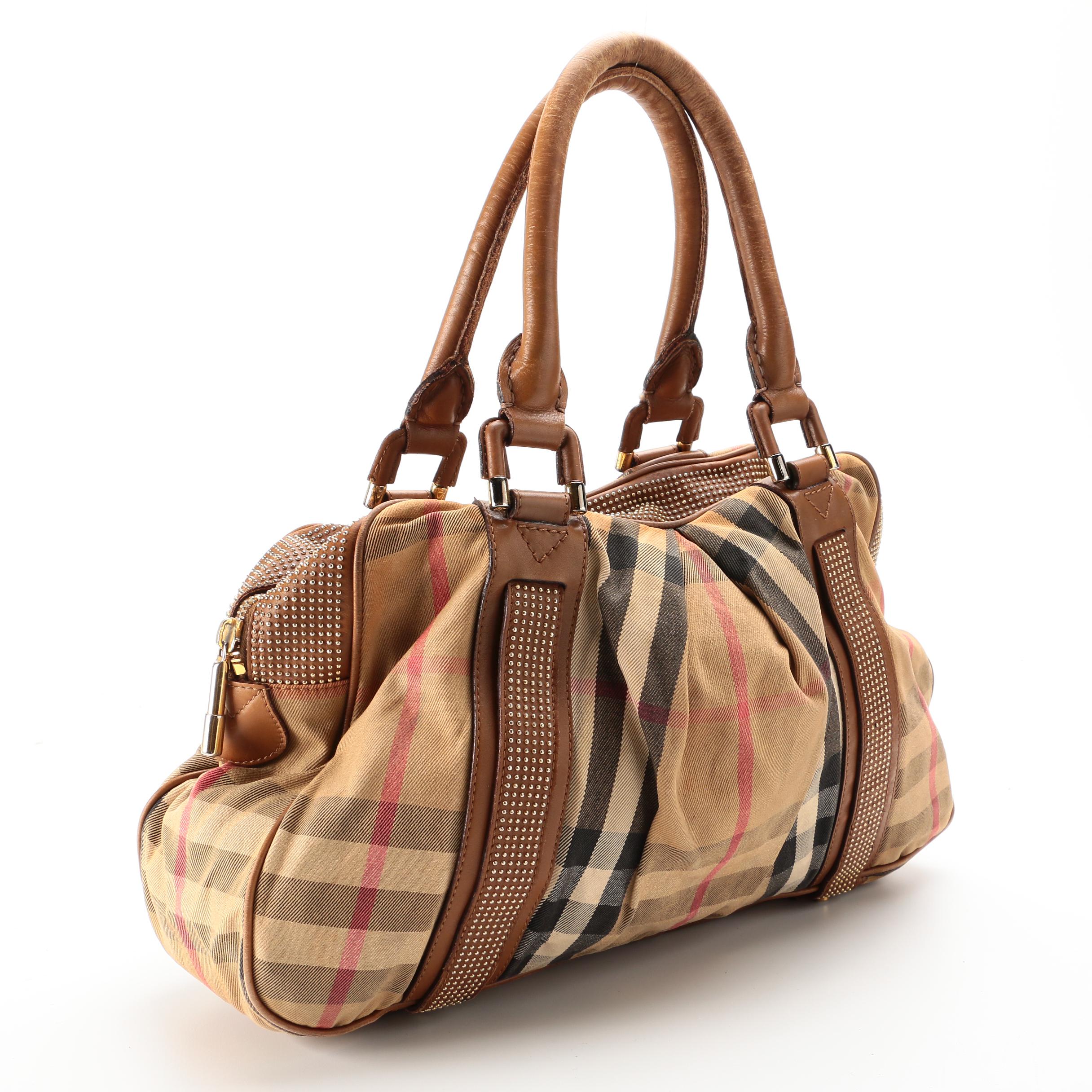 Burberry Prorsum Knight Bag in "House Check" Canvas with Studded Leather Trim