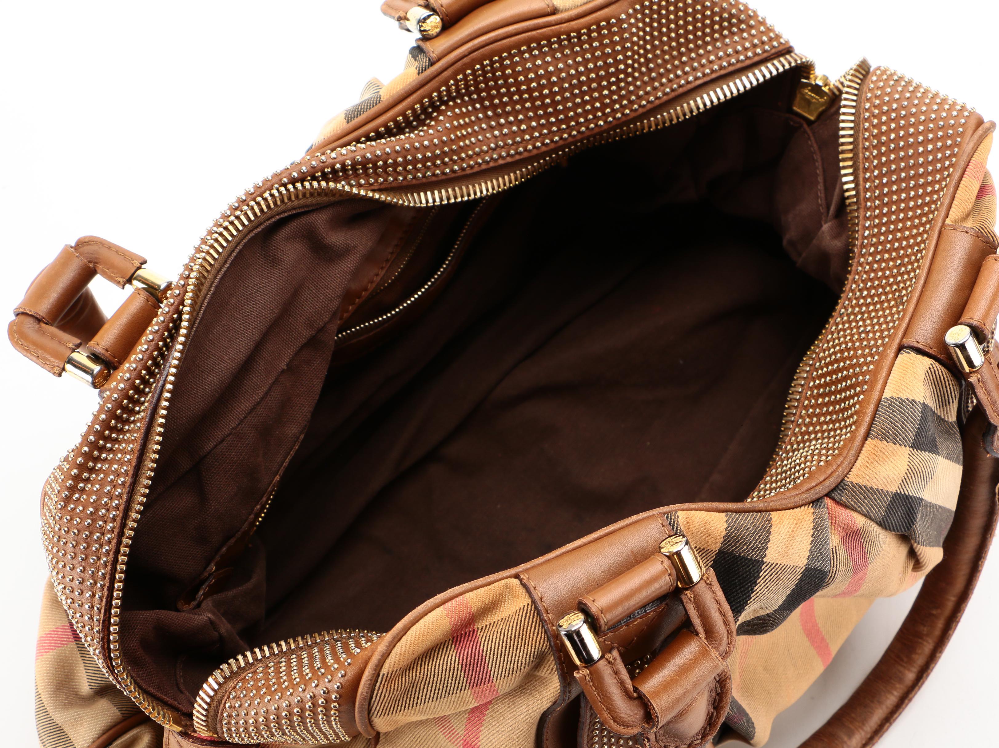 Burberry Prorsum Knight Bag in "House Check" Canvas with Studded Leather Trim