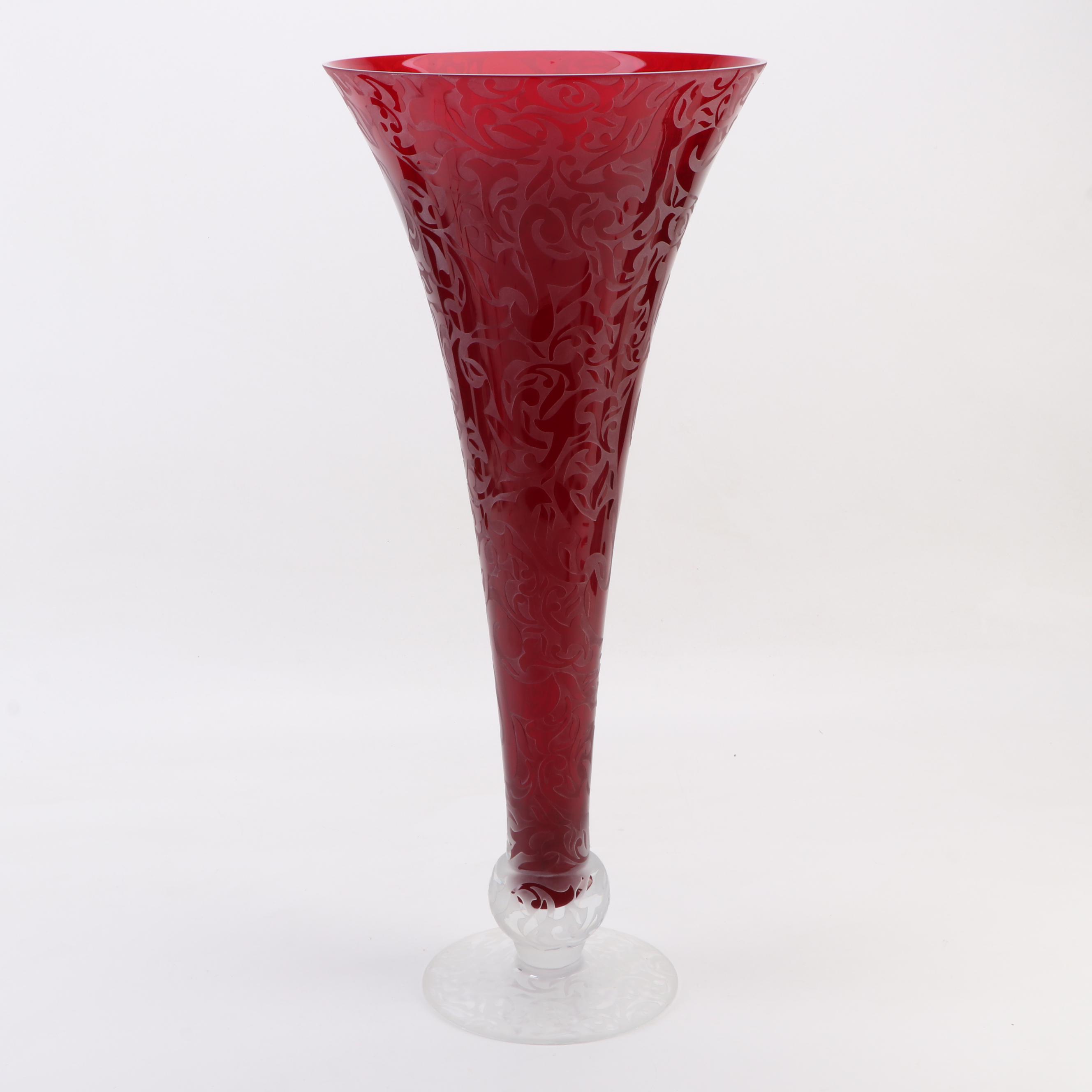Michael Weems Monumental Etched Art Glass Trumpet Vase, 2005