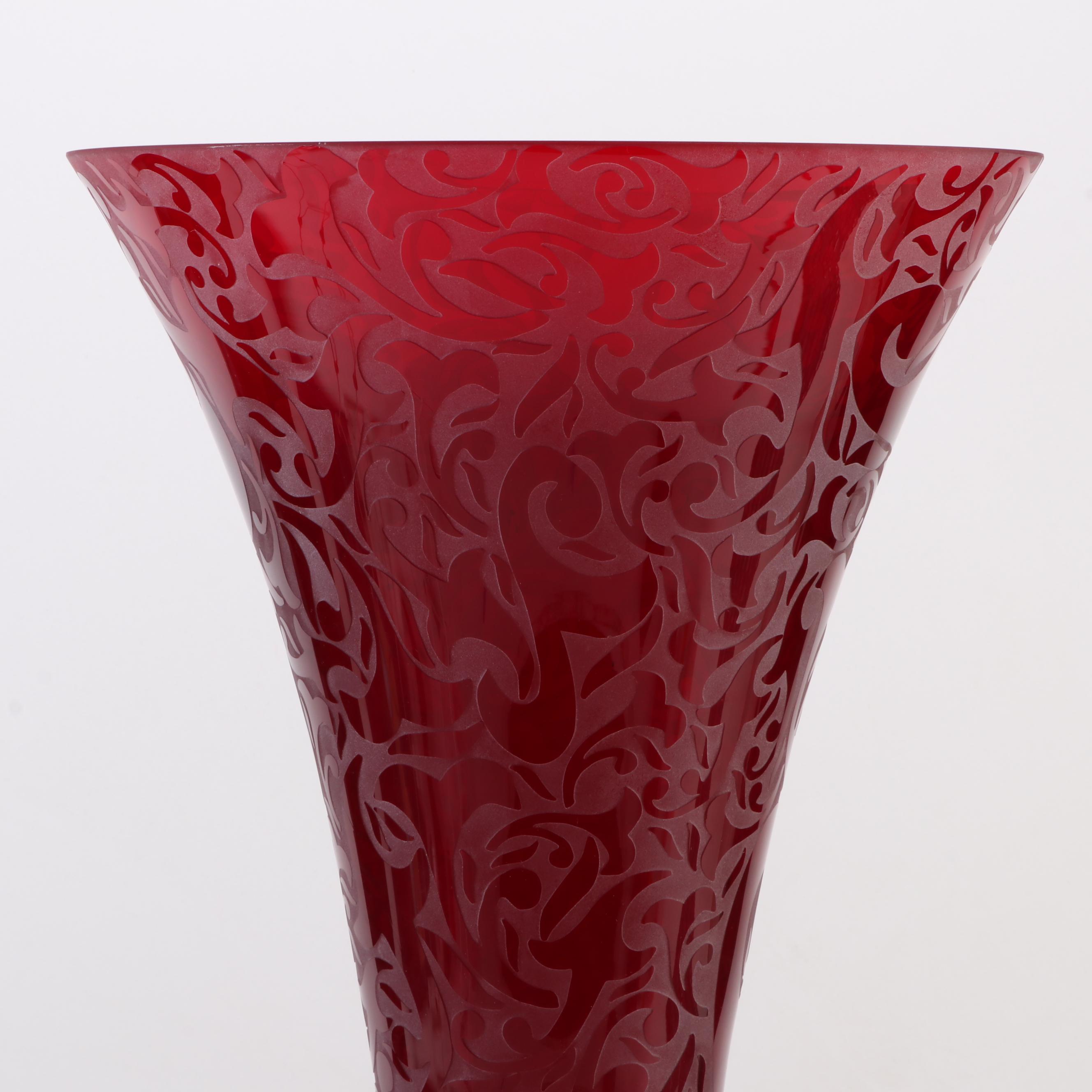 Michael Weems Monumental Etched Art Glass Trumpet Vase, 2005