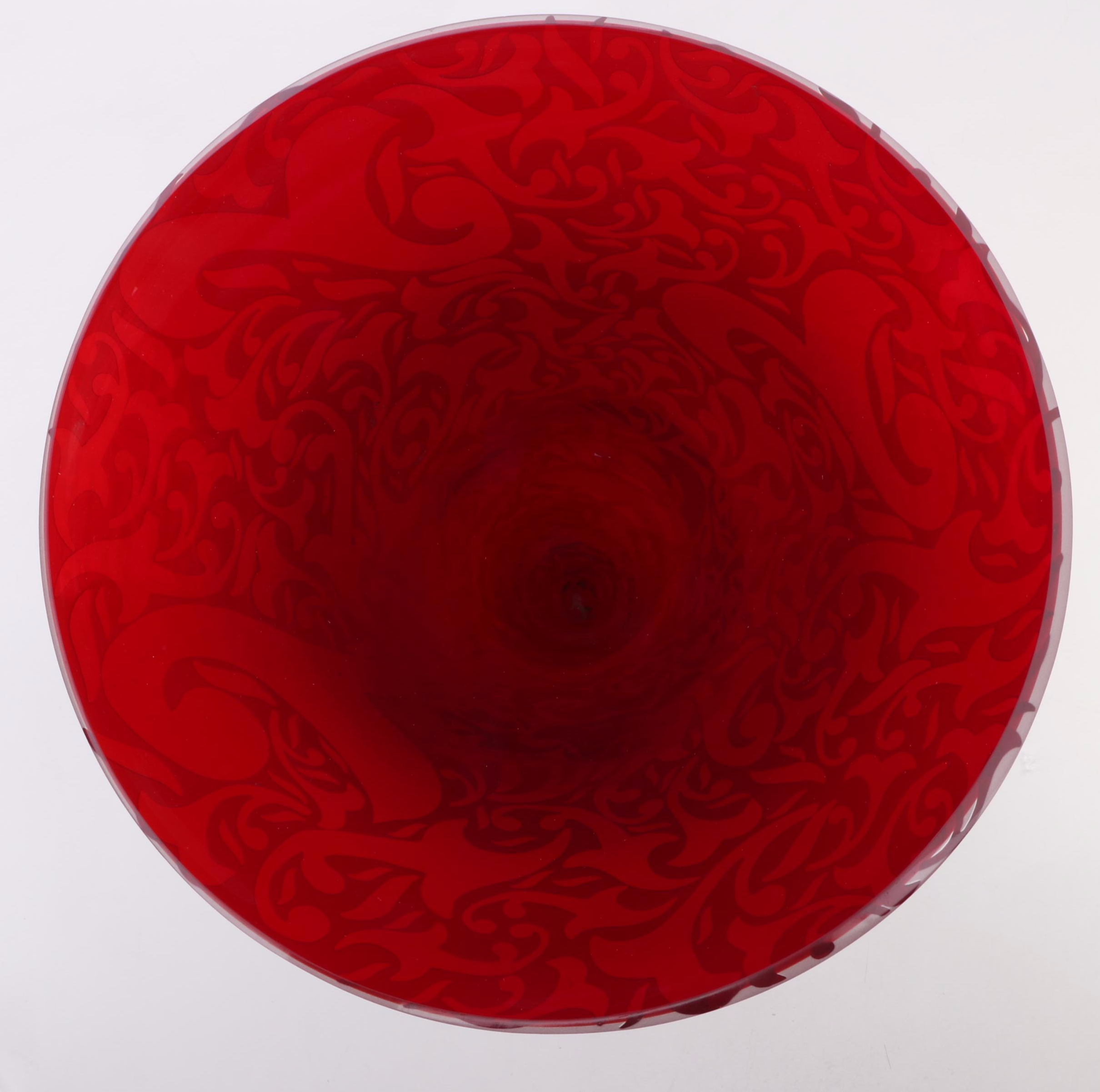 Michael Weems Monumental Etched Art Glass Trumpet Vase, 2005