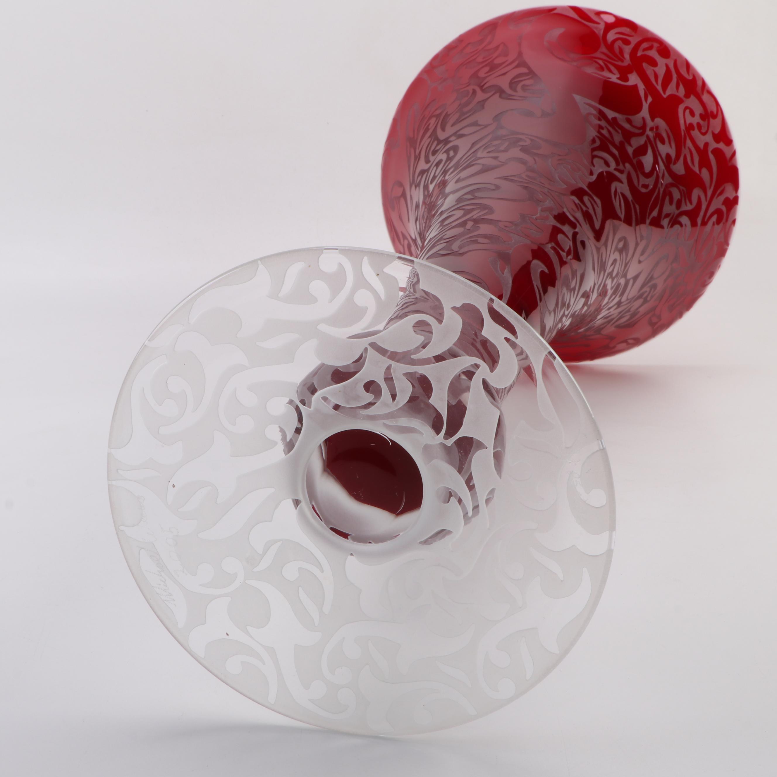 Michael Weems Monumental Etched Art Glass Trumpet Vase, 2005