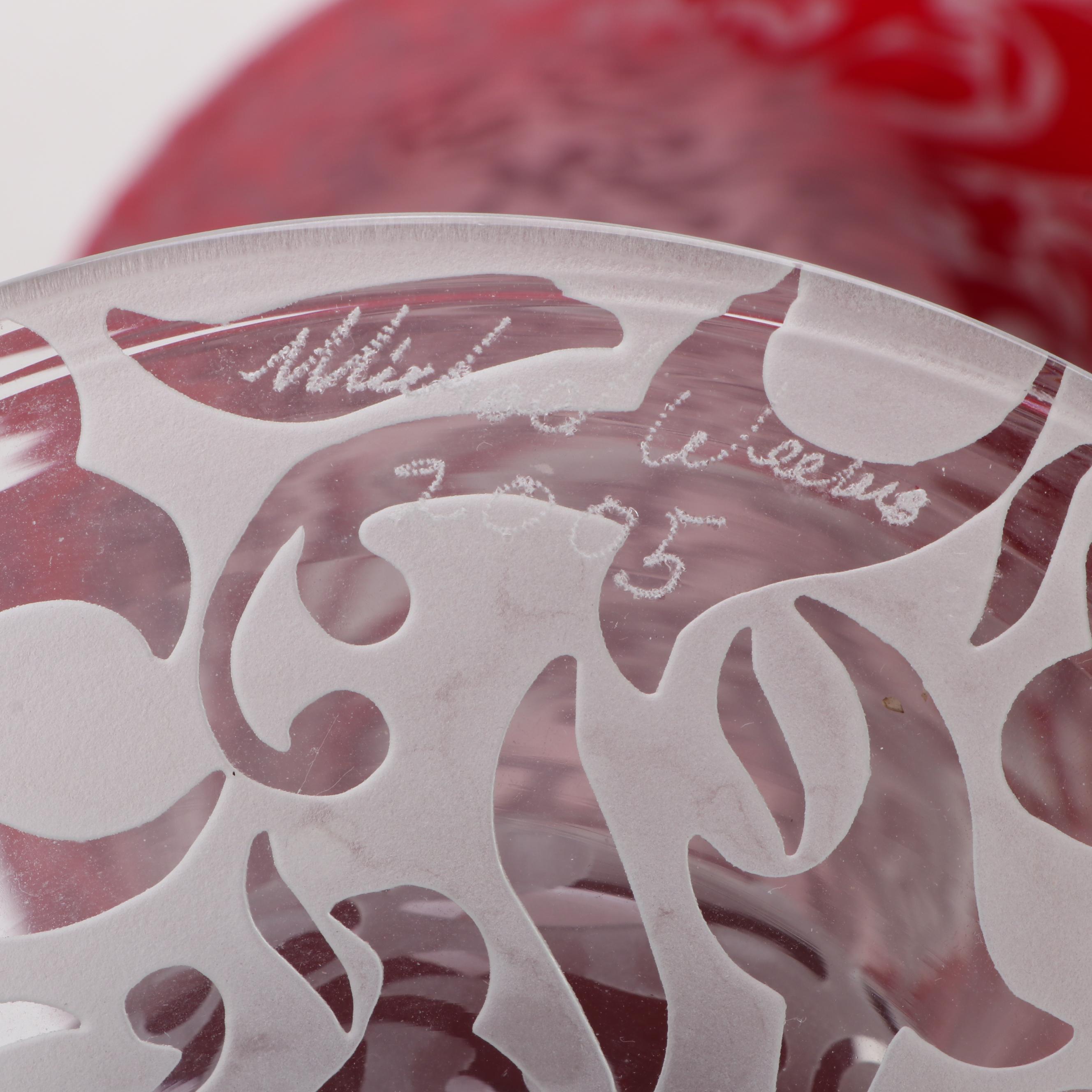 Michael Weems Monumental Etched Art Glass Trumpet Vase, 2005