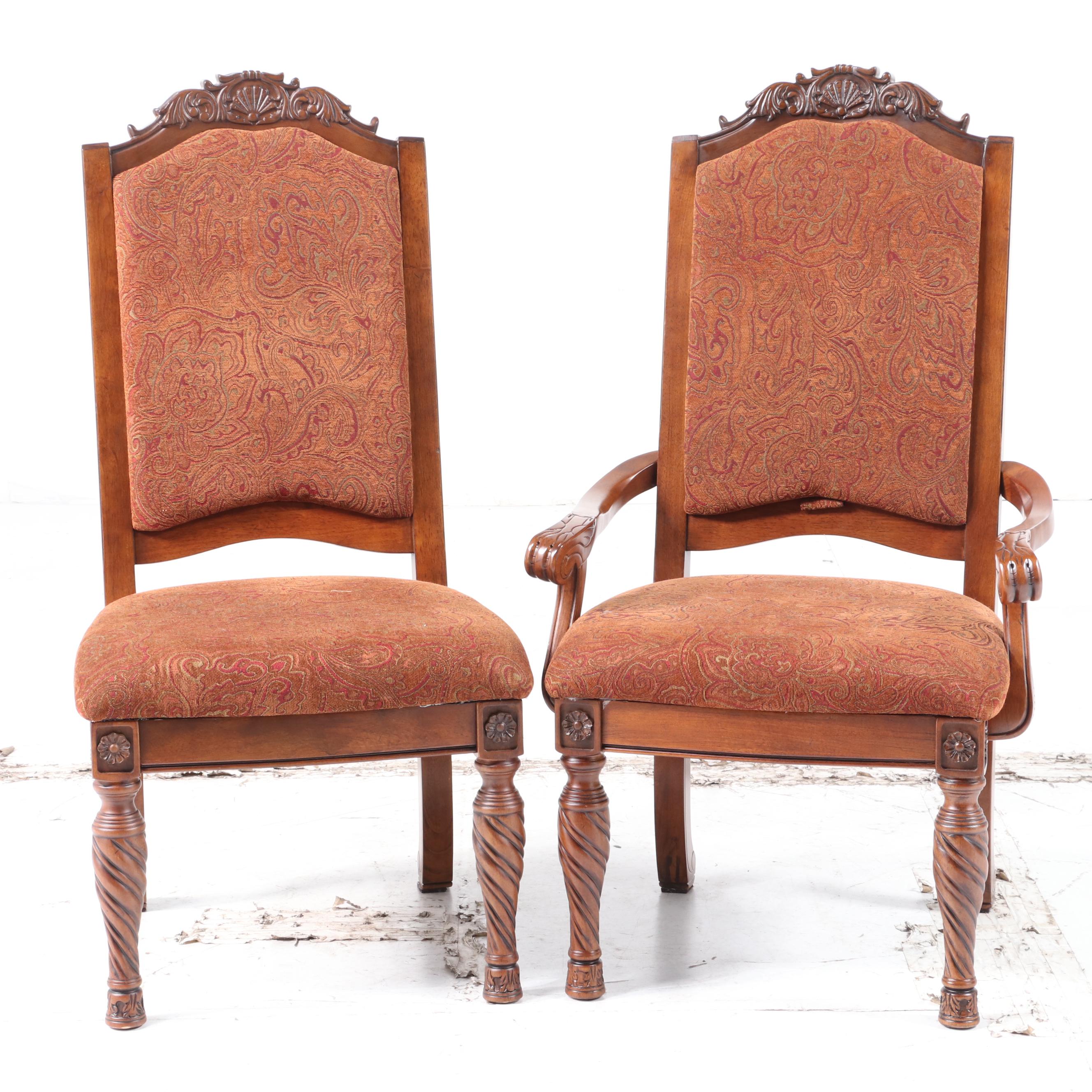 Eight Ashley Furniture "North Shore" Carved Wood and Upholstered Dining Chairs