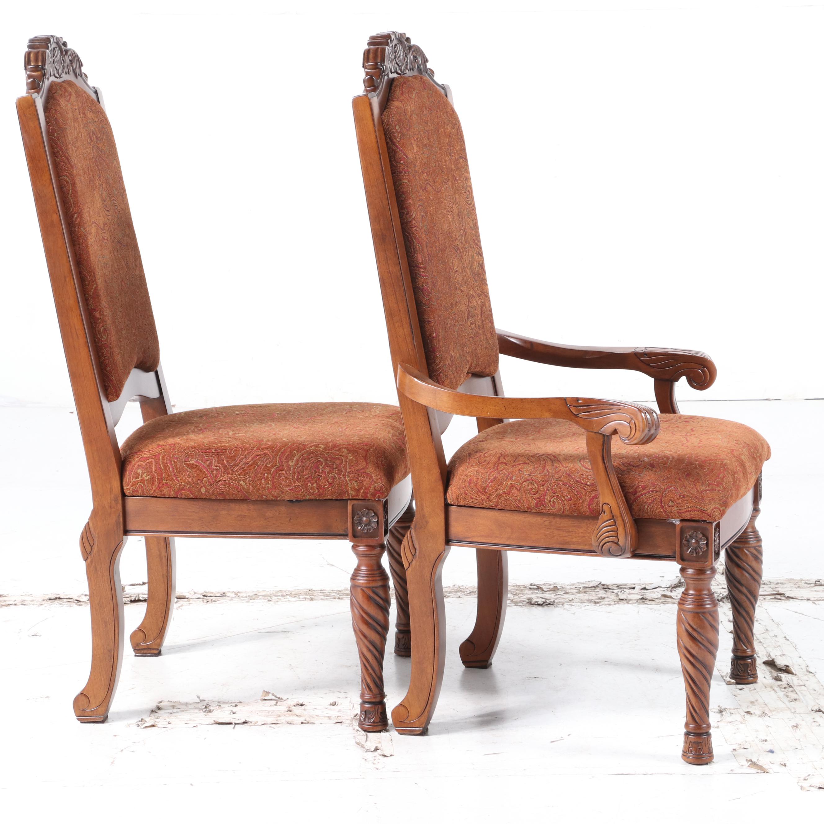 Eight Ashley Furniture "North Shore" Carved Wood and Upholstered Dining Chairs