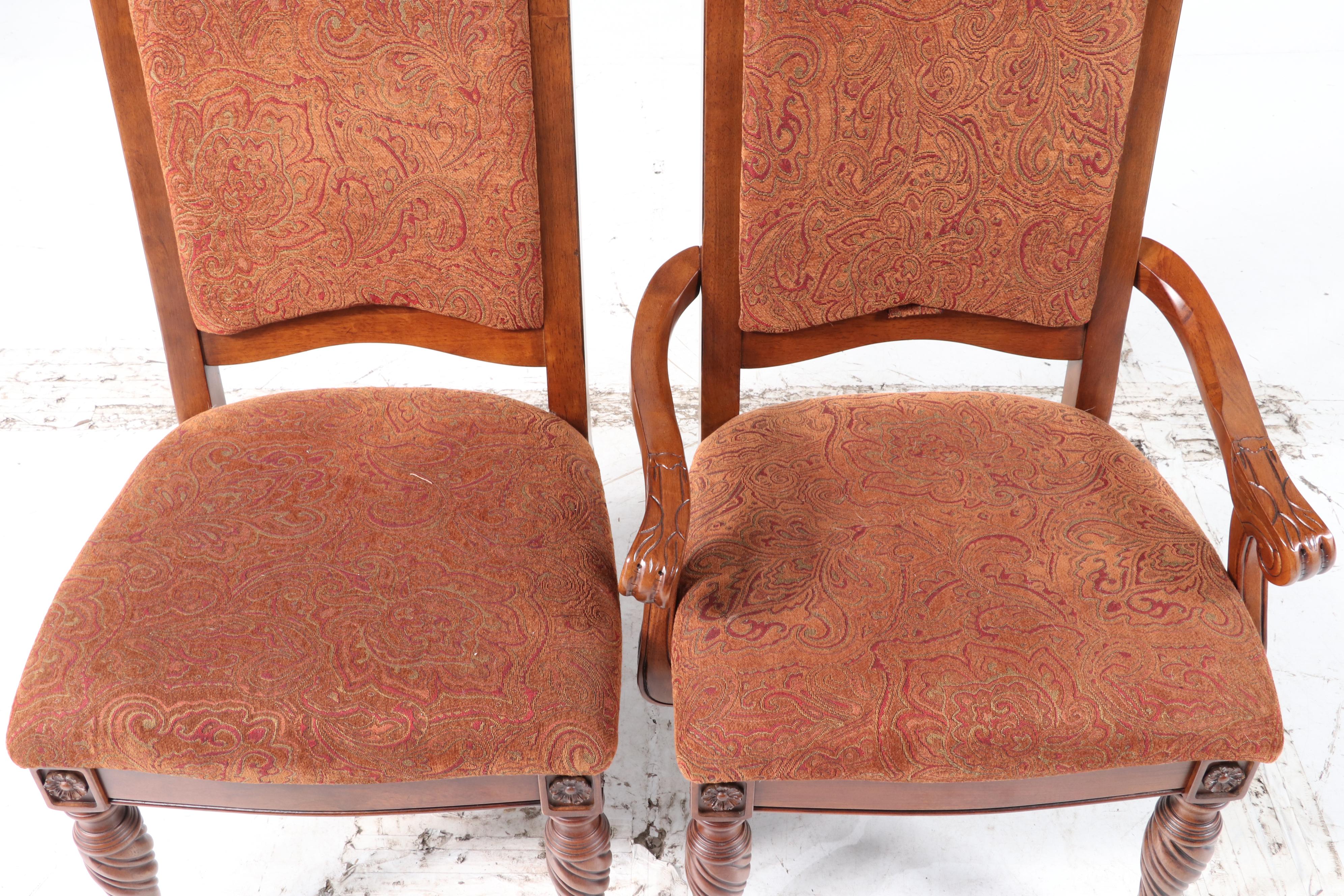 Eight Ashley Furniture "North Shore" Carved Wood and Upholstered Dining Chairs