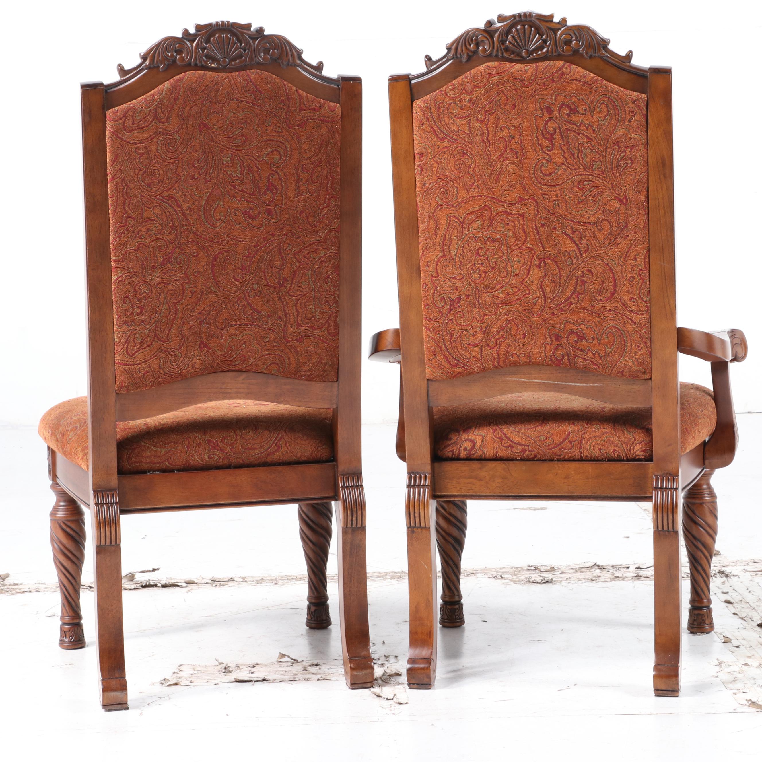 Eight Ashley Furniture "North Shore" Carved Wood and Upholstered Dining Chairs