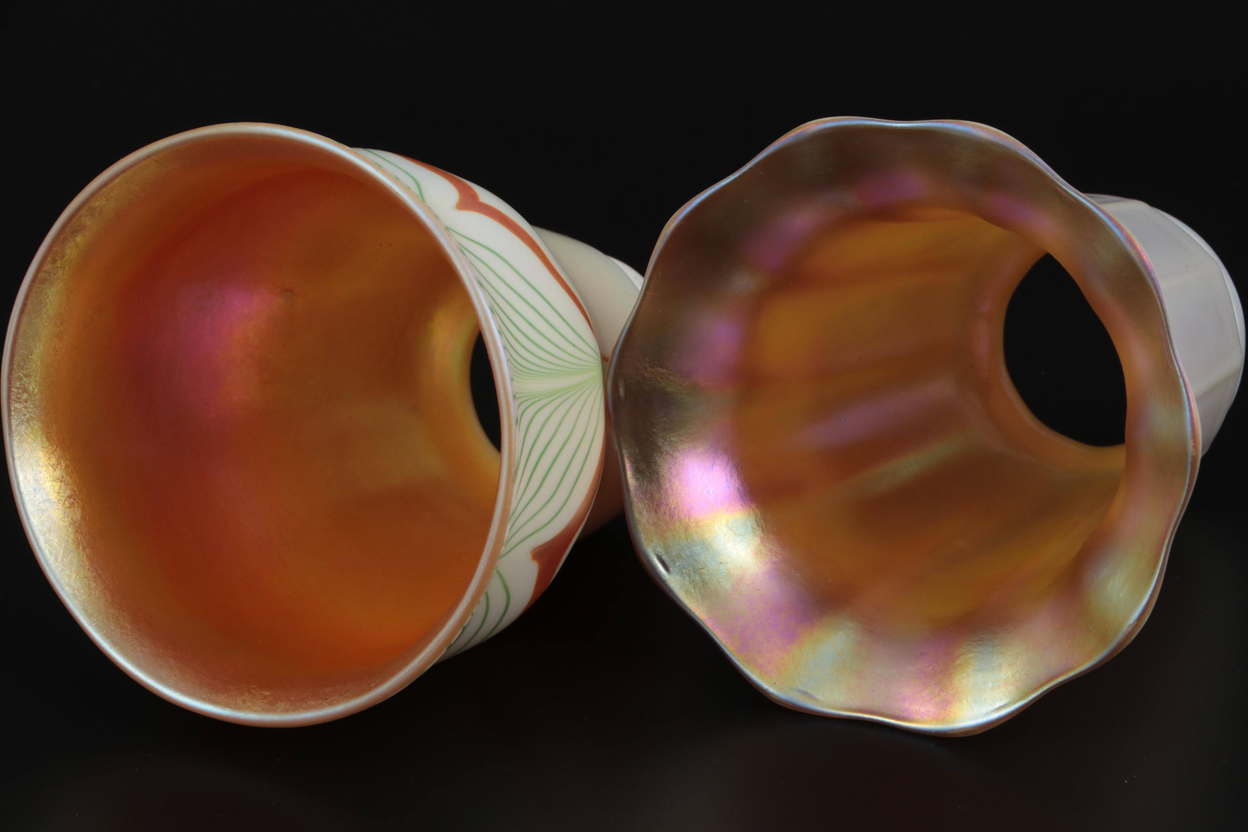 Steuben Art Nouveau Opalescent and Pulled Feather Iridescent Art Glass Shades