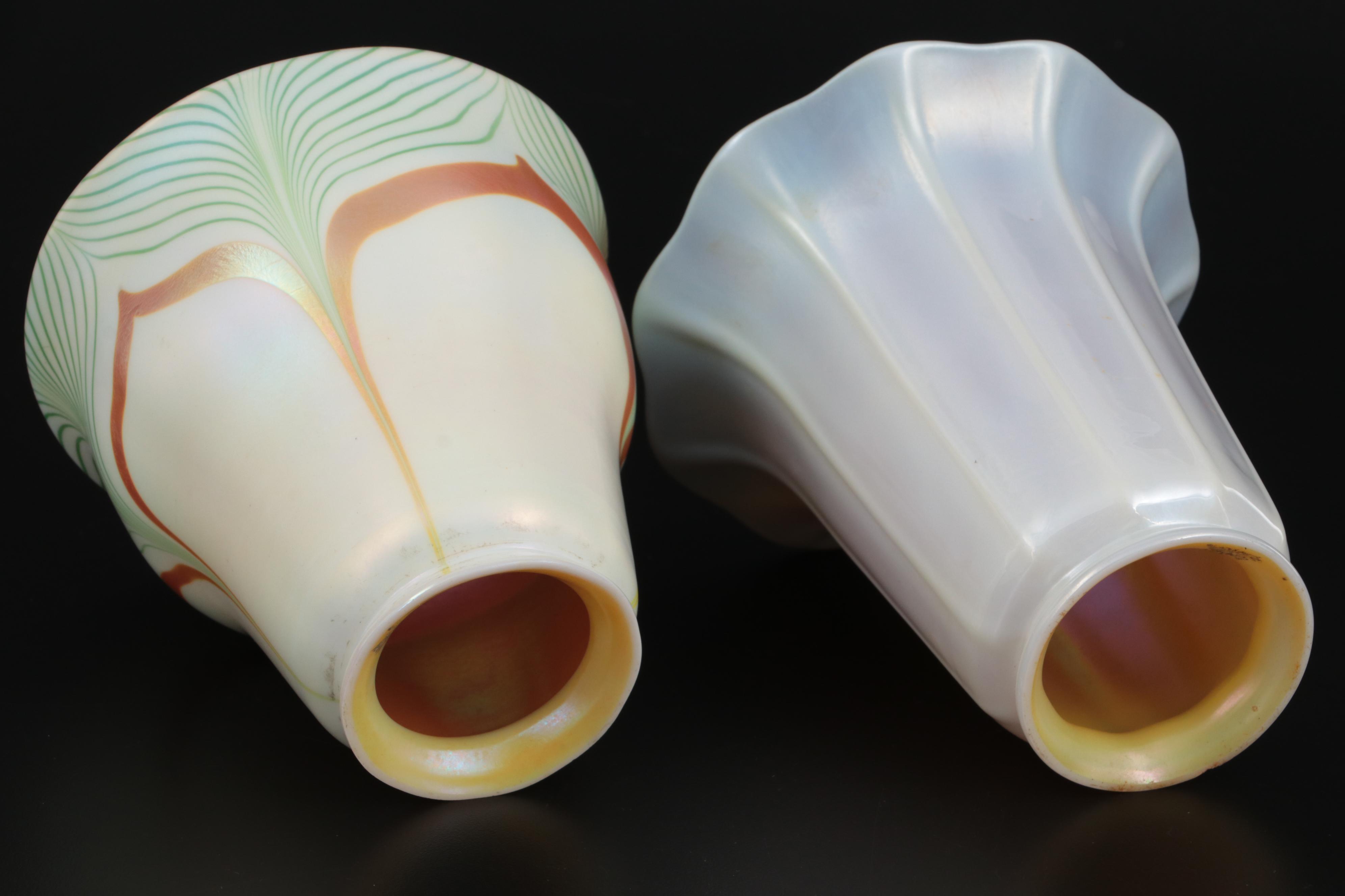 Steuben Art Nouveau Opalescent and Pulled Feather Iridescent Art Glass Shades