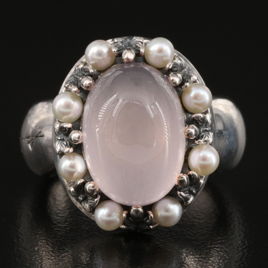 Ann King Sterling Silver Rose Quartz and Pearl Ring