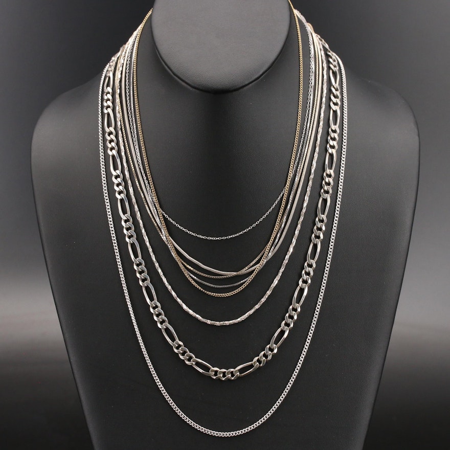 Sterling Chain Necklaces Including Figaro, Box and Curb