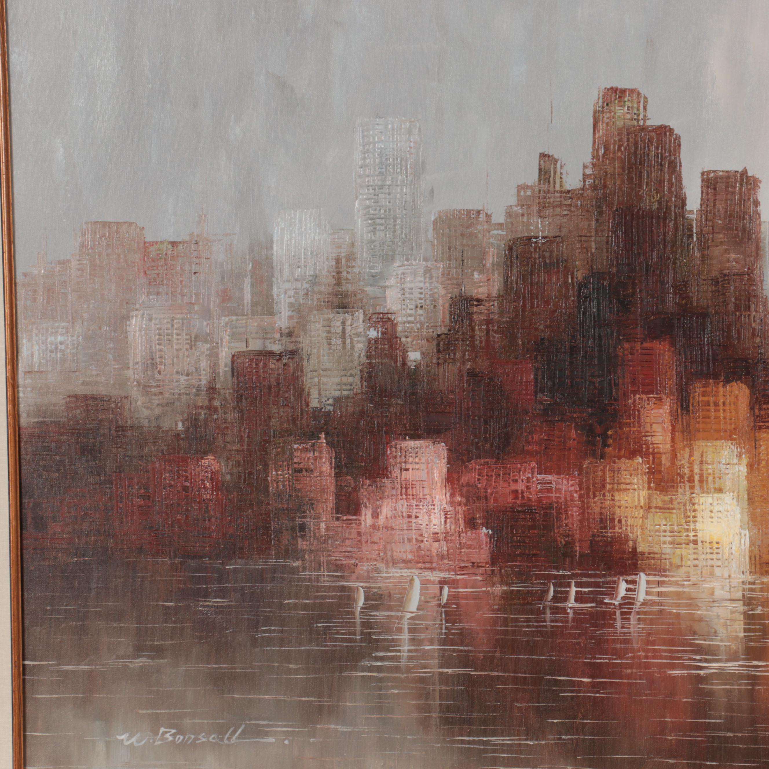 W. Bonsall Abstract Cityscape Oil Painting, Late 20th Century