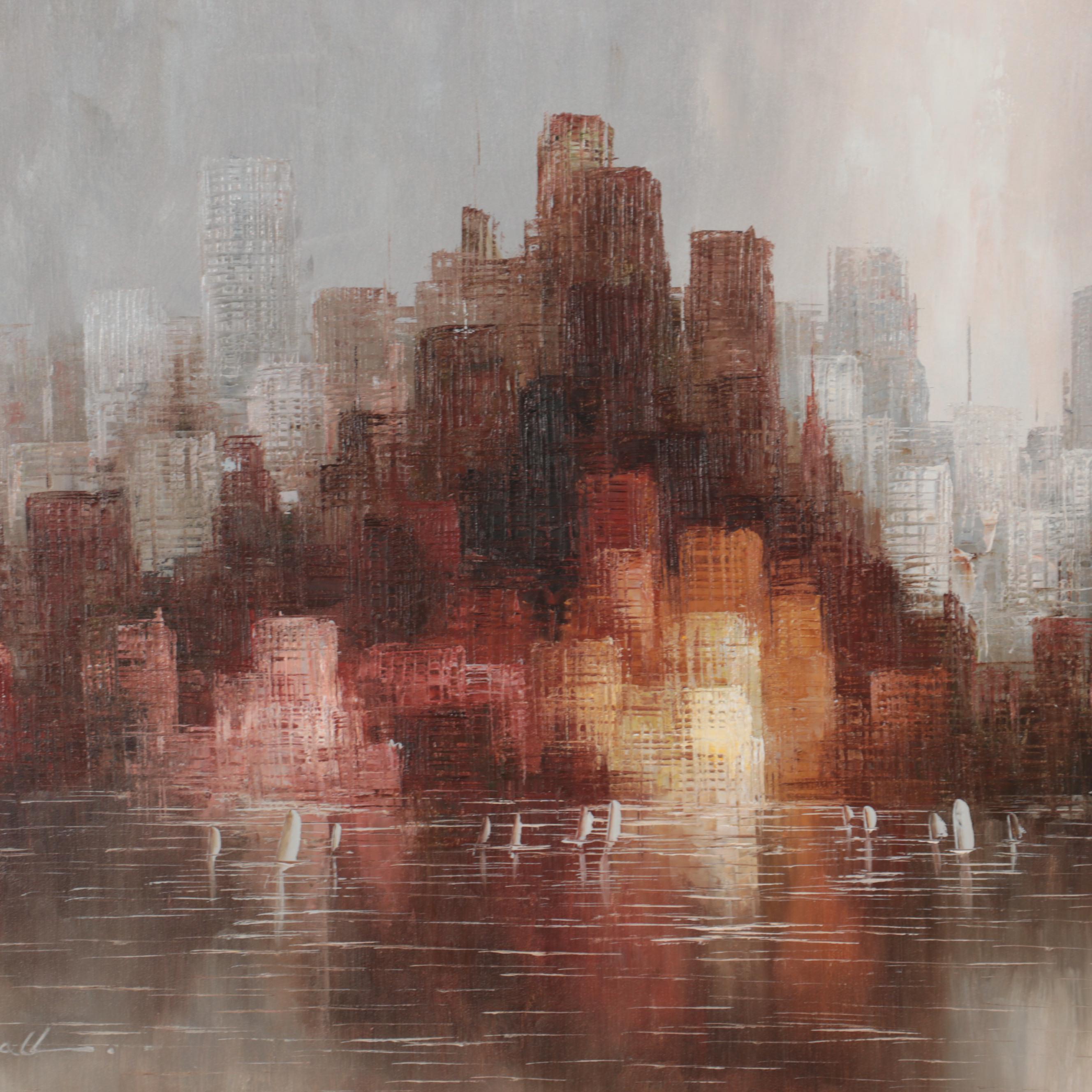 W. Bonsall Abstract Cityscape Oil Painting, Late 20th Century