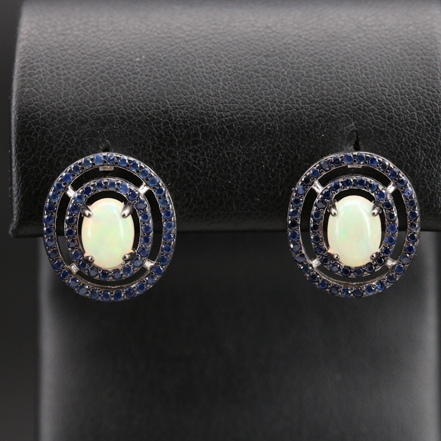 Sterling Opal and Sapphire Double Halo Earrings