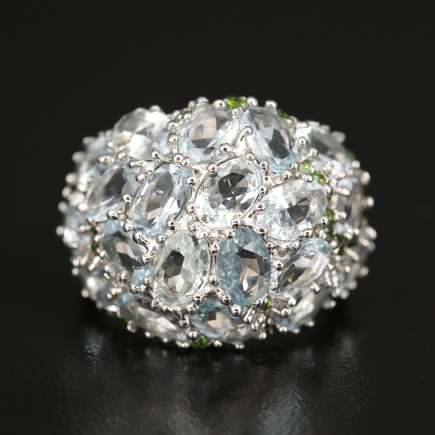Sterling Aquamarine and Diopside Domed Cluster Ring