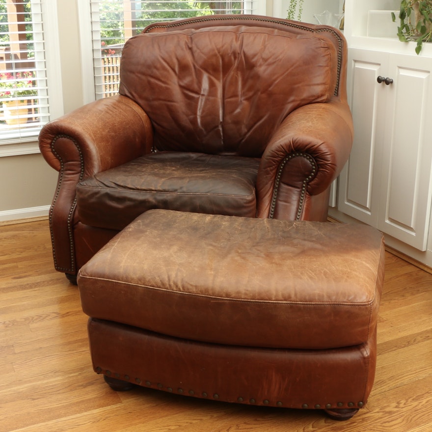 Robinson & Robinson Brass-Tacked Saddle Leather Lounge Chair and Ottoman