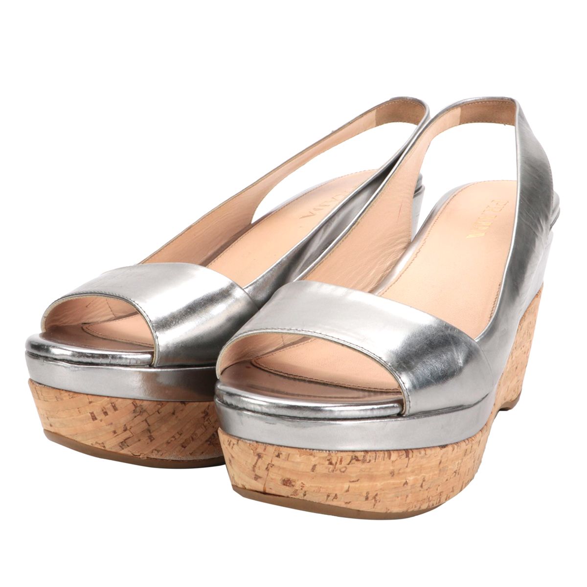 Prada Silver Metallic Leather Peep-Toe Slingback Cork Wedges
